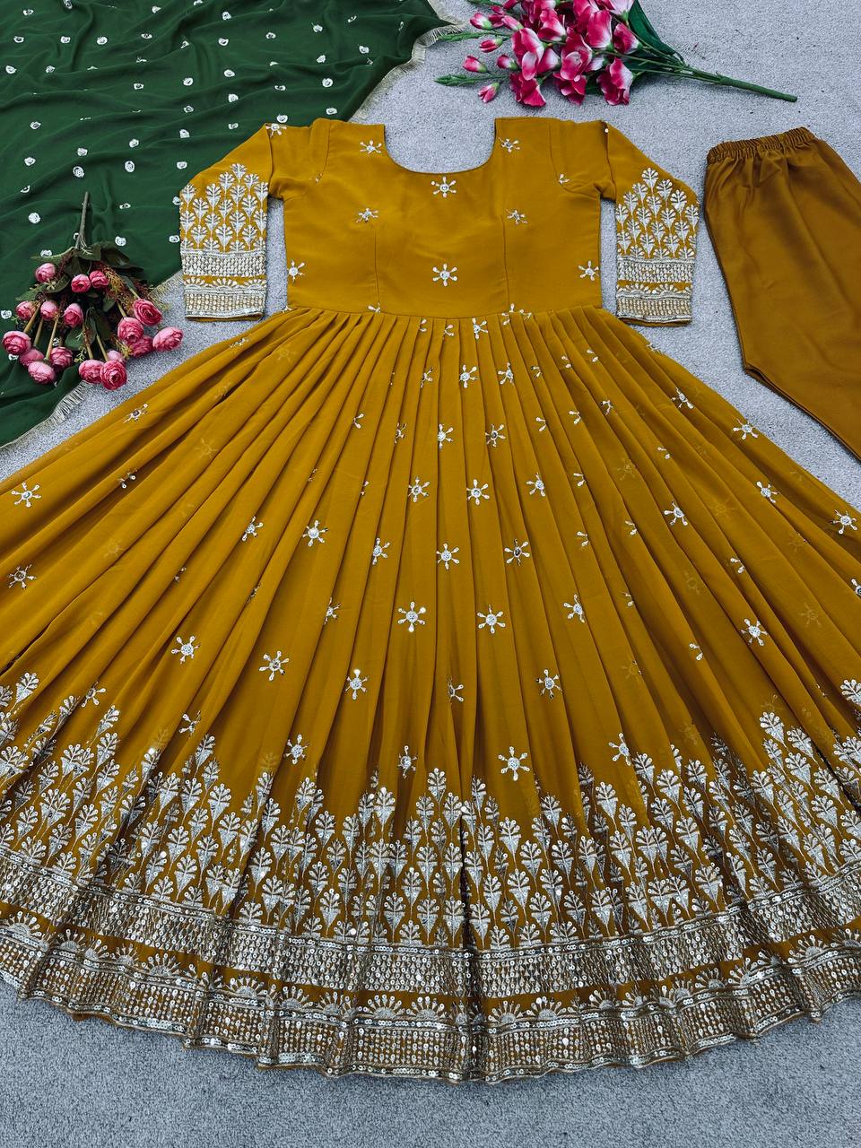Mustered Color Anarkali Gown With Green Dupatta - Image 6