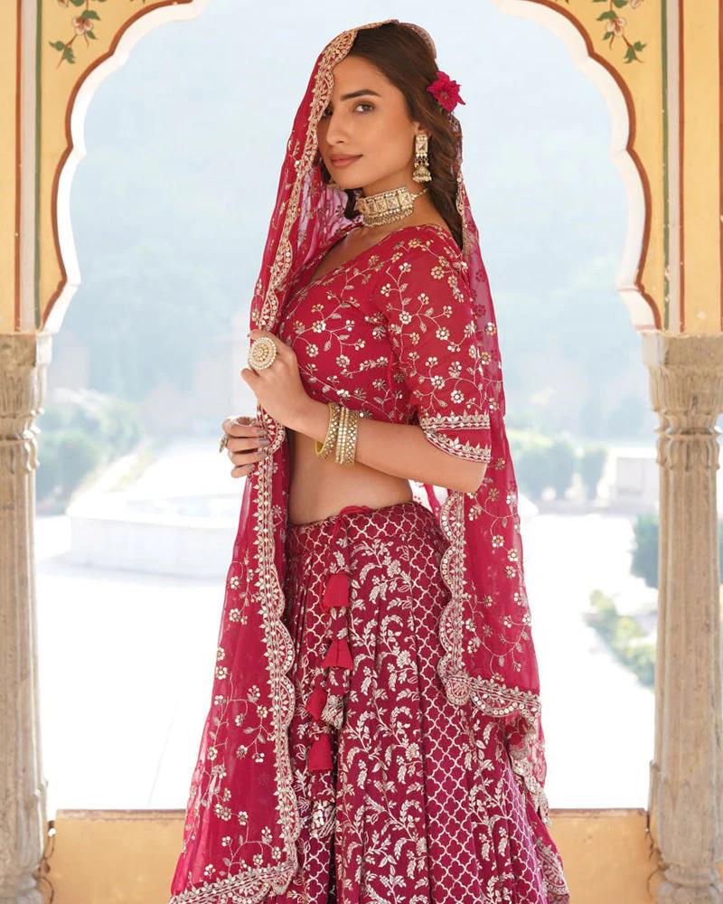 Design Rani Pink Color Sequence Embroidered Jacquard Lehenga Choli - Image 4