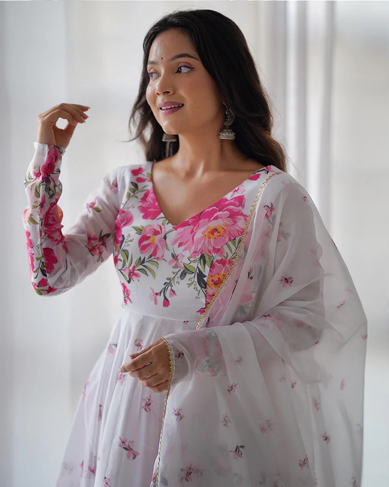 White Organza Silk Floral Print Three Piece Anarkali Suit - Image 2