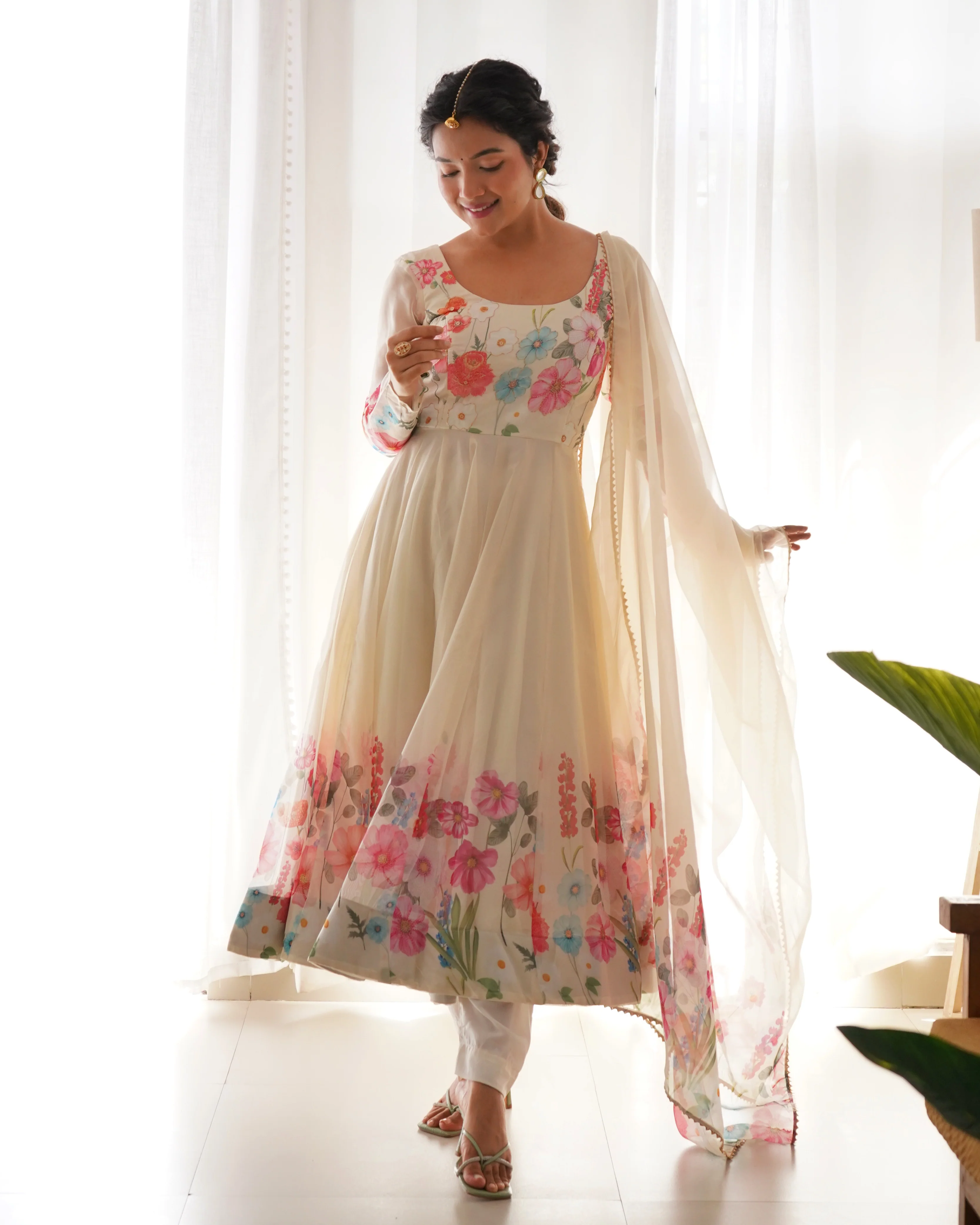Nitara Off White Floral Print With Handwork Organza Anarkali - Image 2