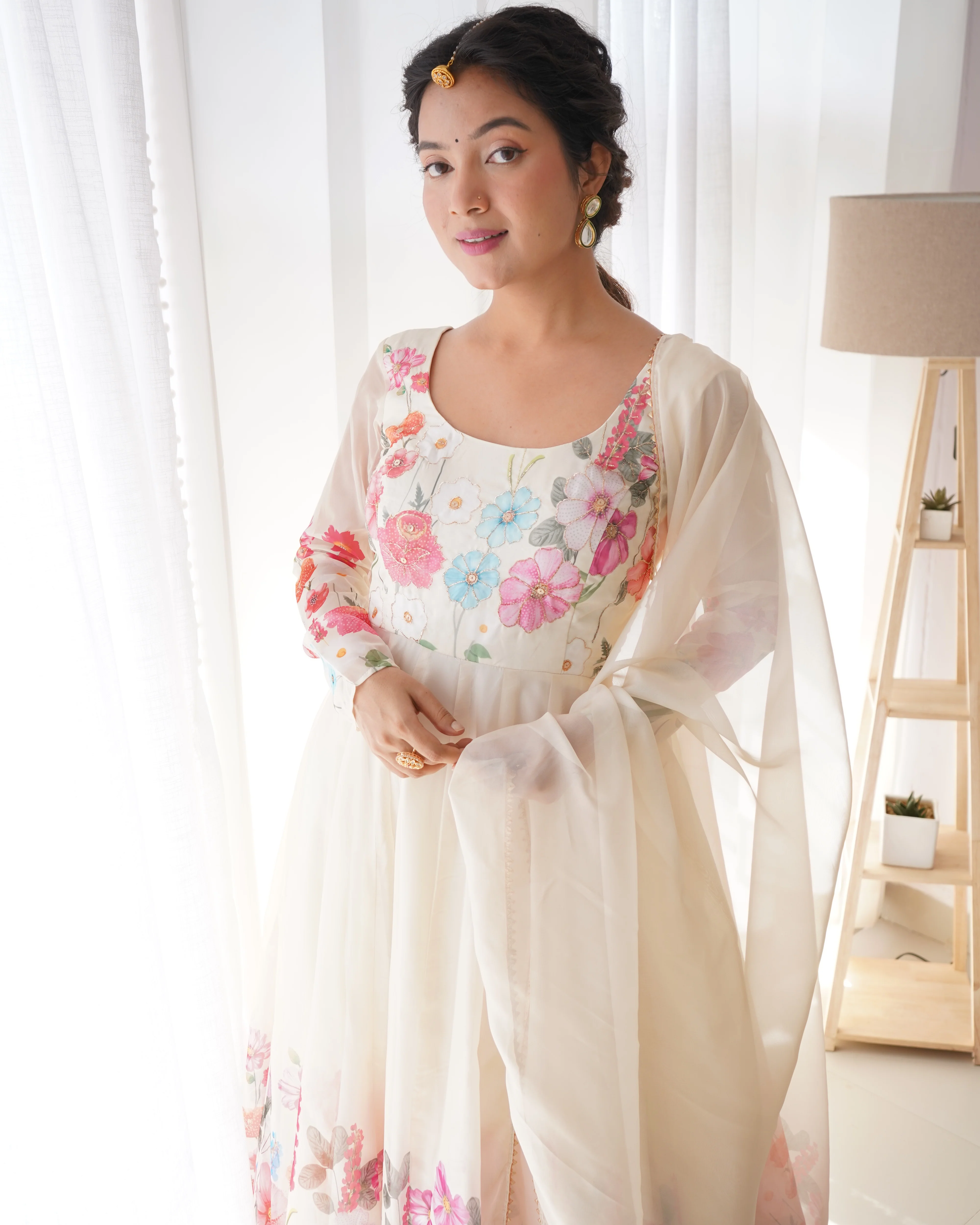 Nitara Off White Floral Print With Handwork Organza Anarkali - Image 4