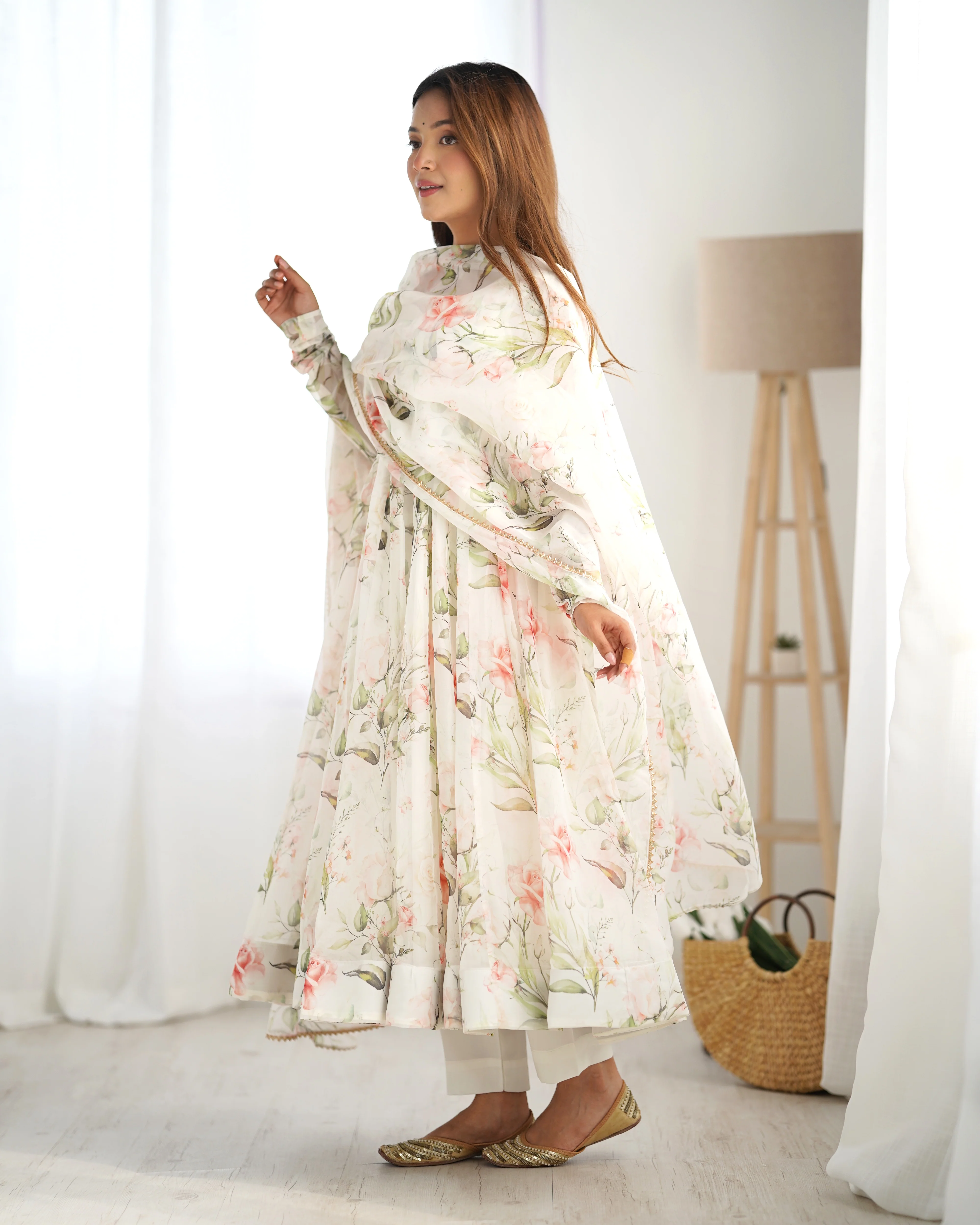 Off-White Color Organza Silk Three Piece Anarkali Suit - Image 9