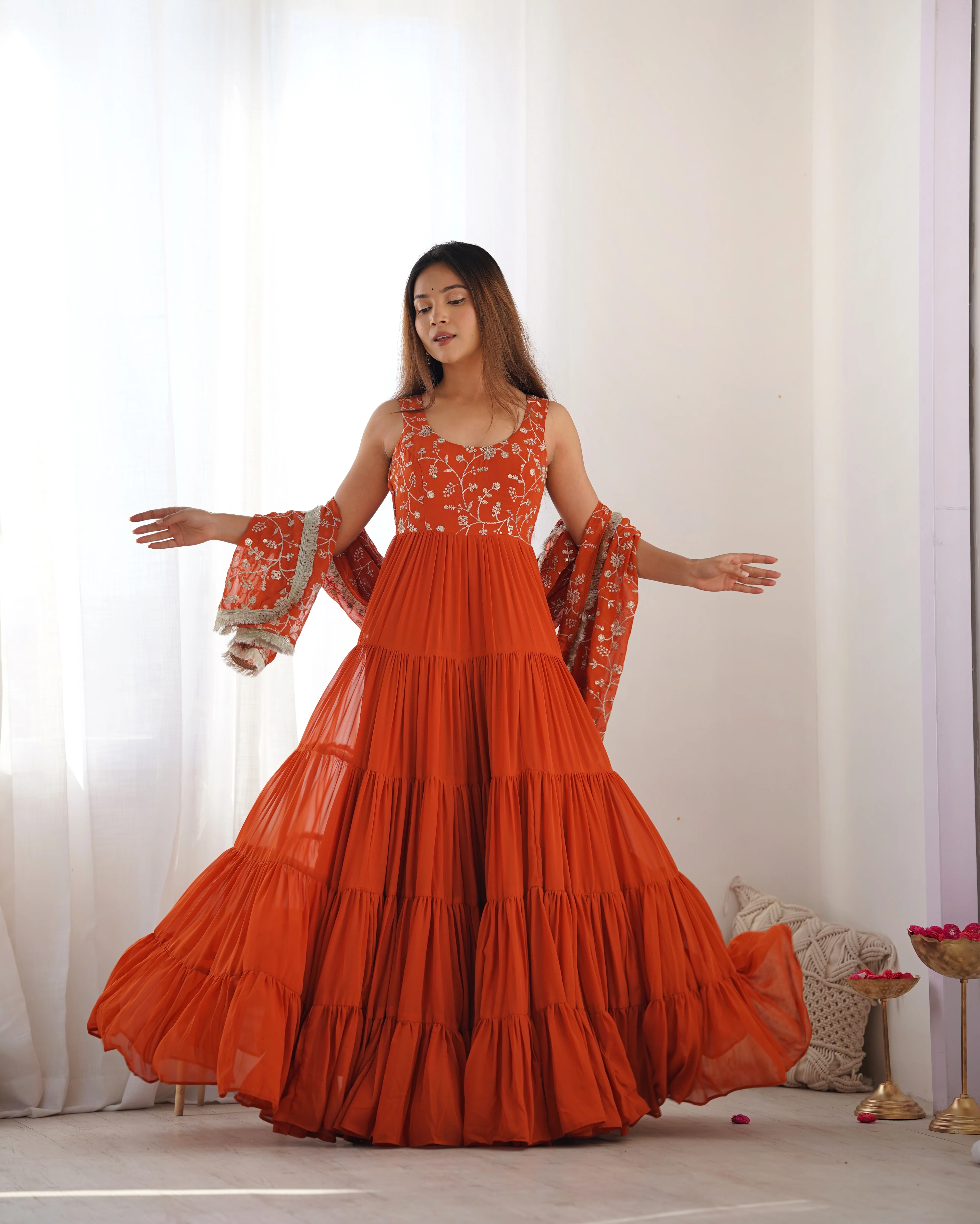 Orange Color Georgette Five Layer Ruffle Style Anarkali Suit - Image 2