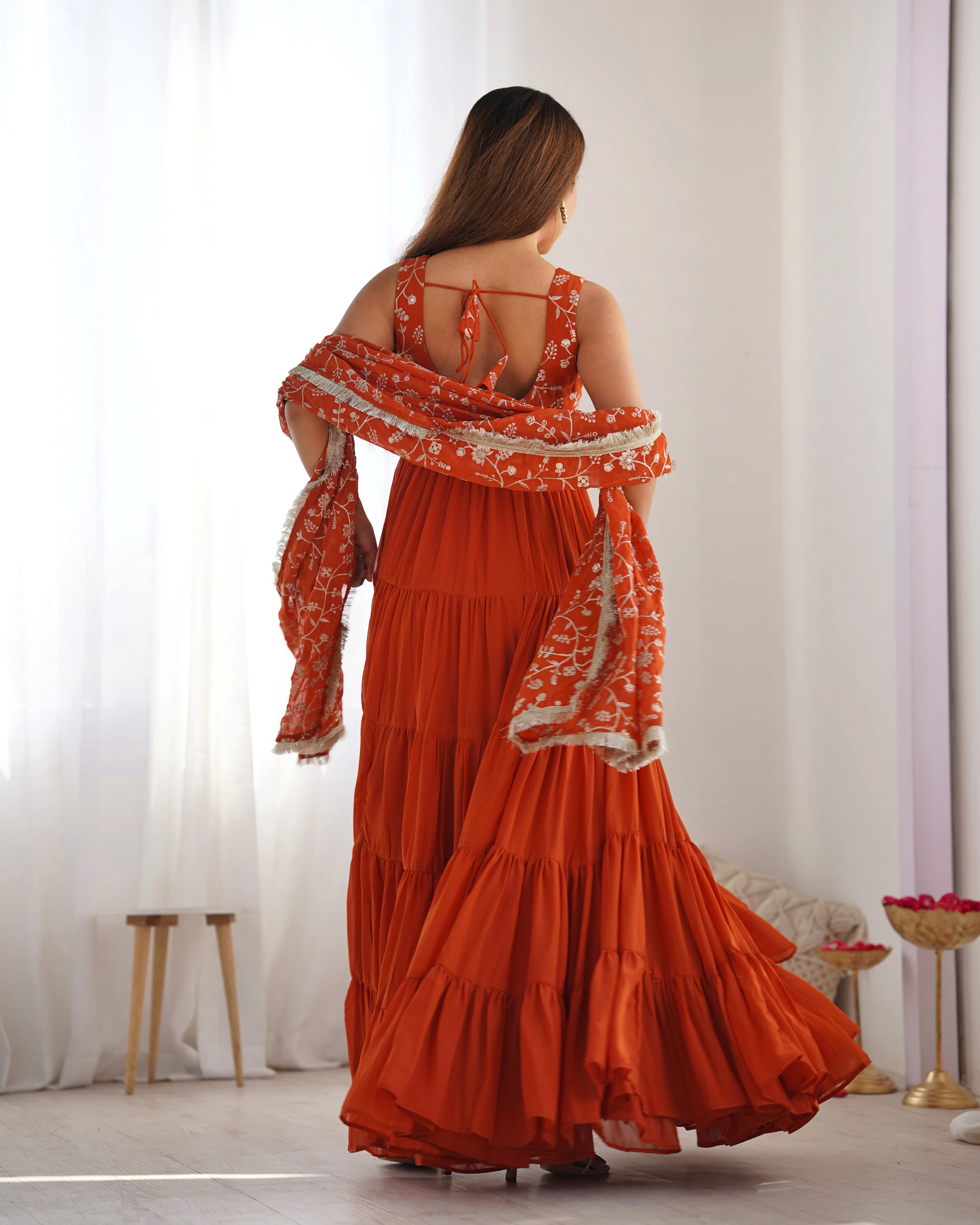 Orange Color Georgette Five Layer Ruffle Style Anarkali Suit - Image 3