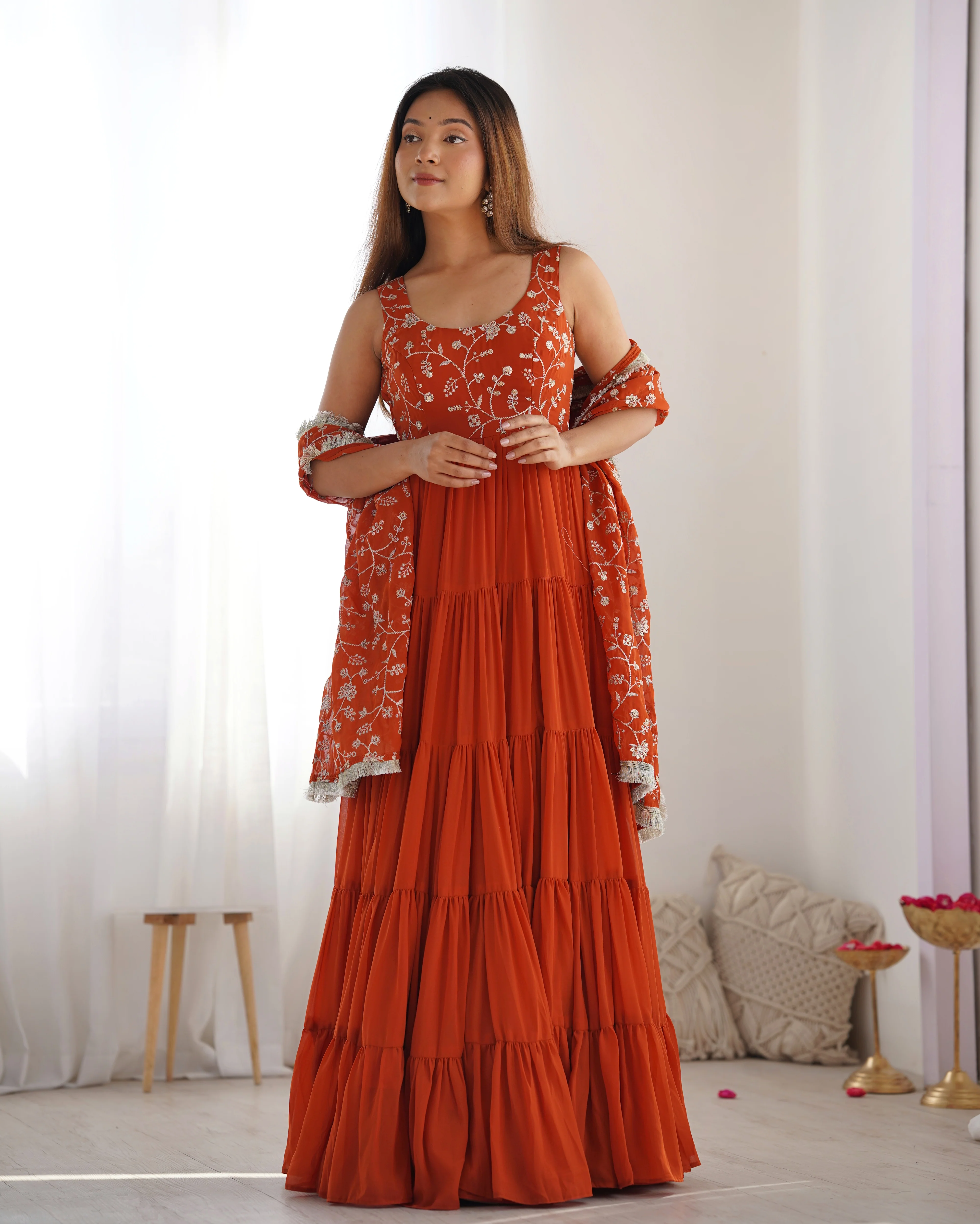 Orange Color Georgette Five Layer Ruffle Style Anarkali Suit - Image 7
