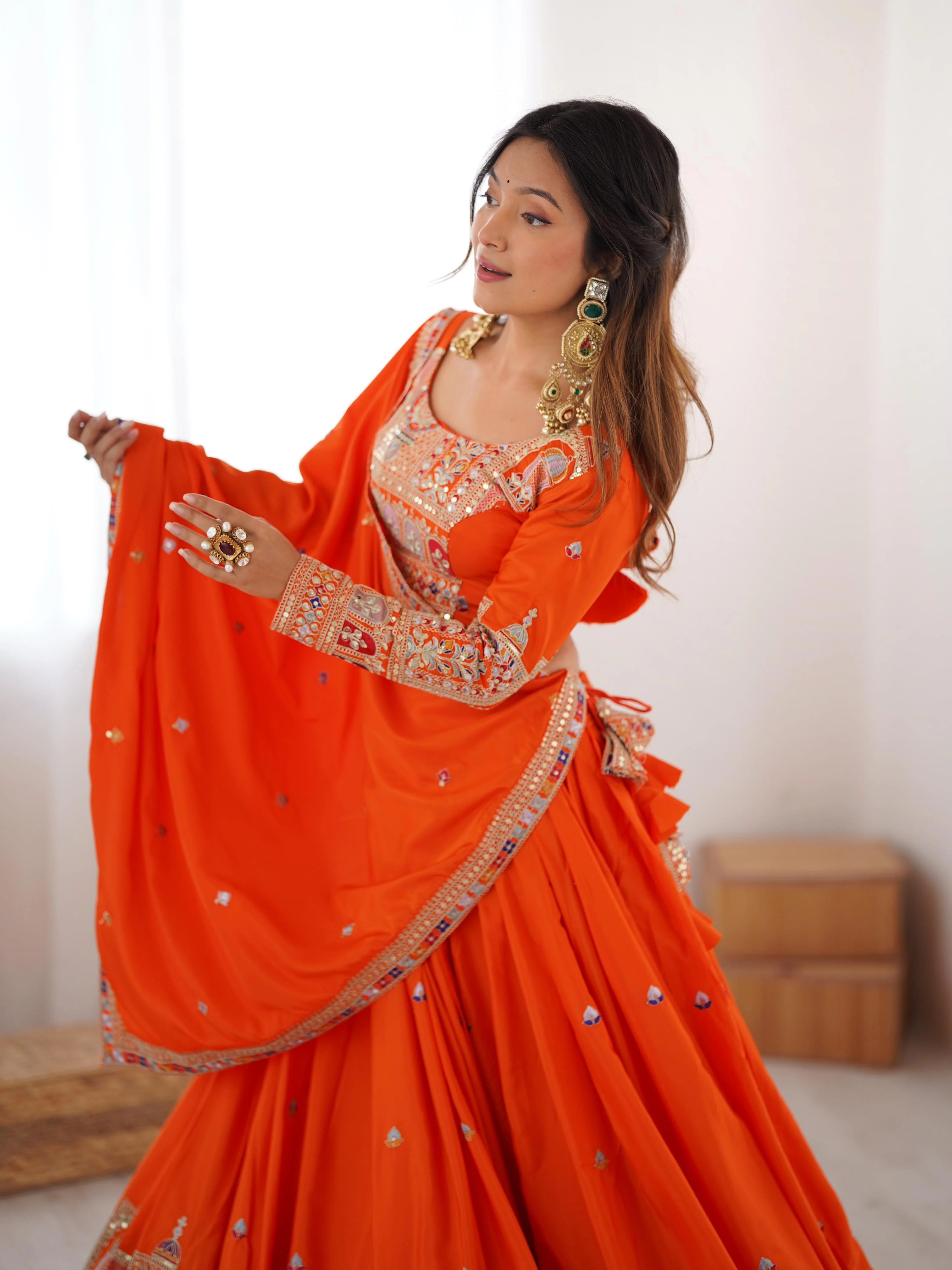 Orange Color Natural Crepe silk Lehenga Choli - Image 6