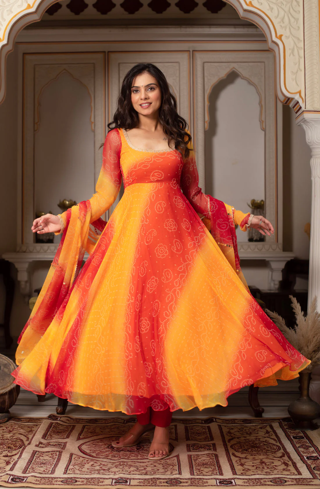 Orange Designer Bandhni Anarkali Suit Set - Image 3