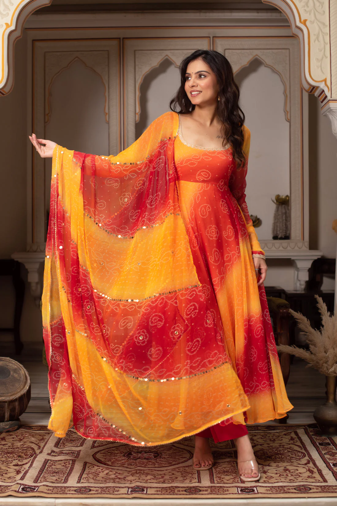 Orange Designer Bandhni Anarkali Suit Set - Image 4