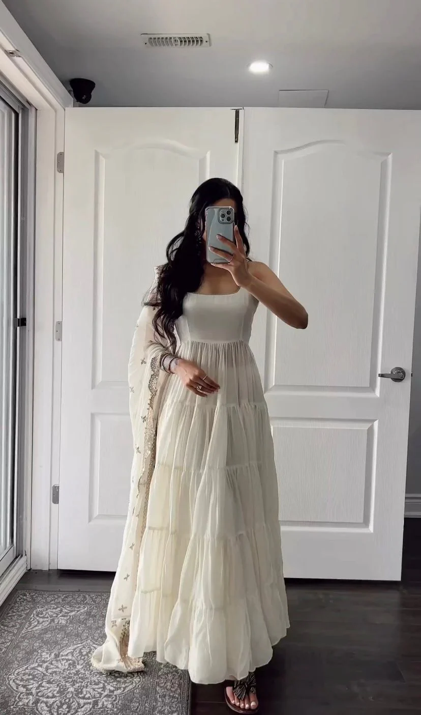 Outstanding White Color Ruffle Anarkali Gown - Image 2