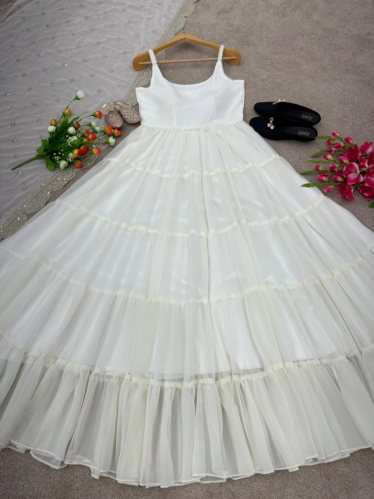 Outstanding White Color Ruffle Anarkali Gown - Image 5