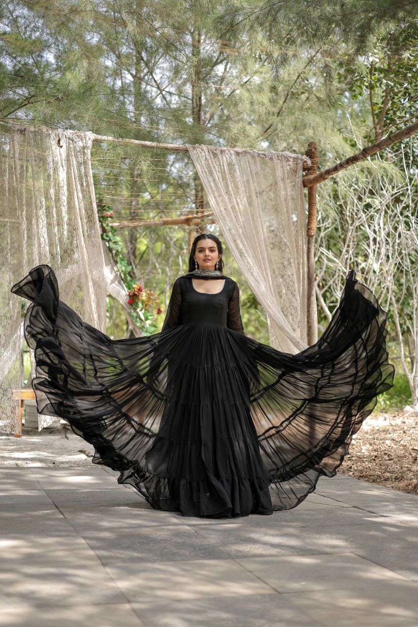 Party Wear Black Color Plain Long Gown With Dupatta - Image 3