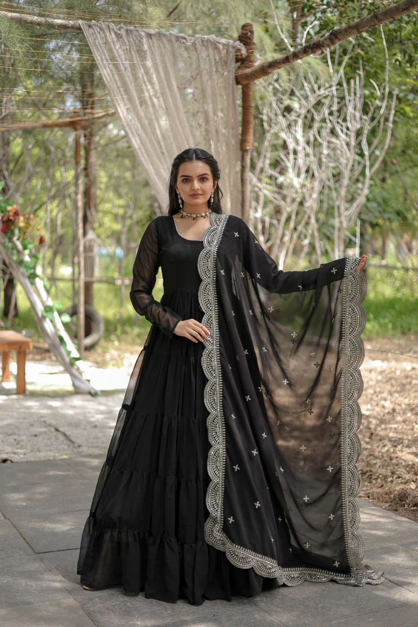 Party Wear Black Color Plain Long Gown With Dupatta - Image 4