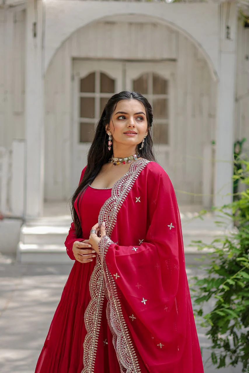 Party Wear Dark Pink Color Plain Long Gown With Dupatta - Image 3