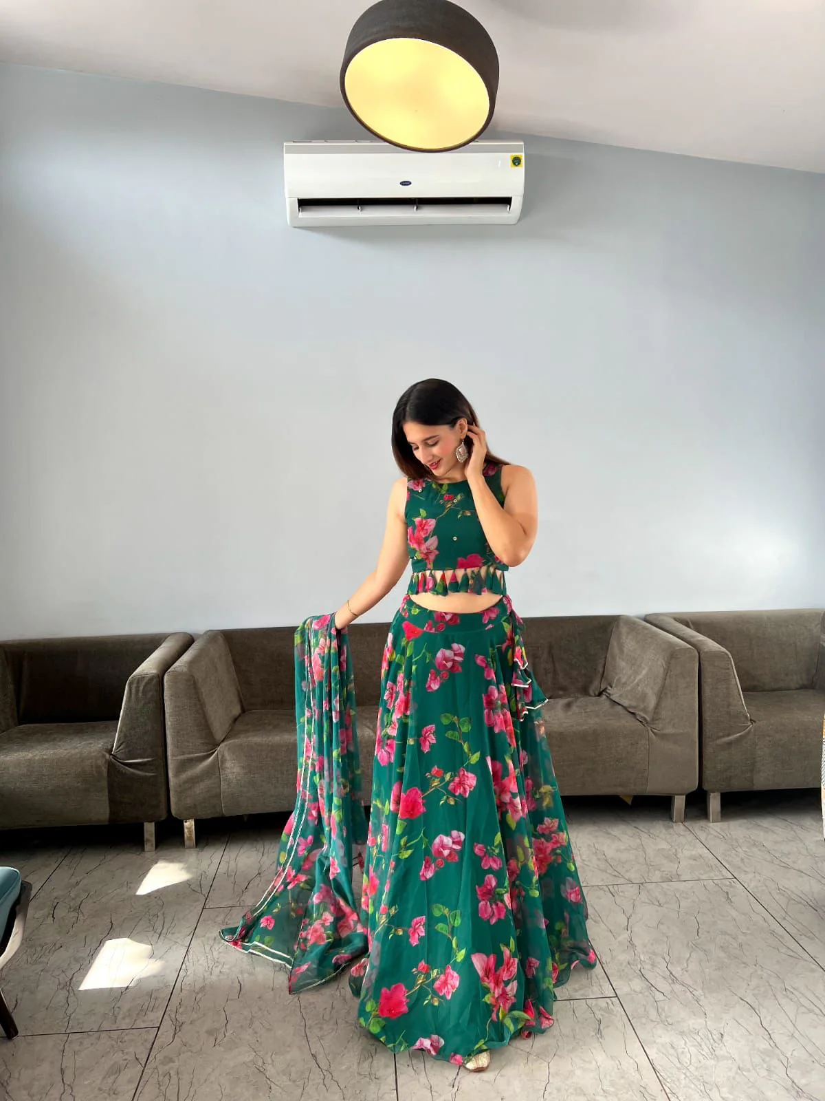 Party Wear Green Color Digital Print Lehenga Choli - Image 3