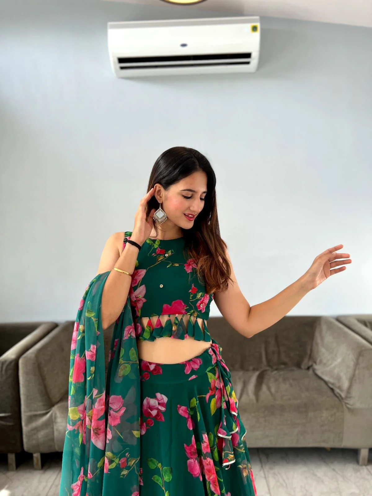 Party Wear Green Color Digital Print Lehenga Choli - Image 6