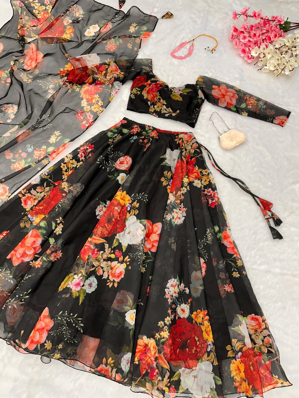 Party Wear Multi Flower Printed Black Color Lehenga Choli - Image 6