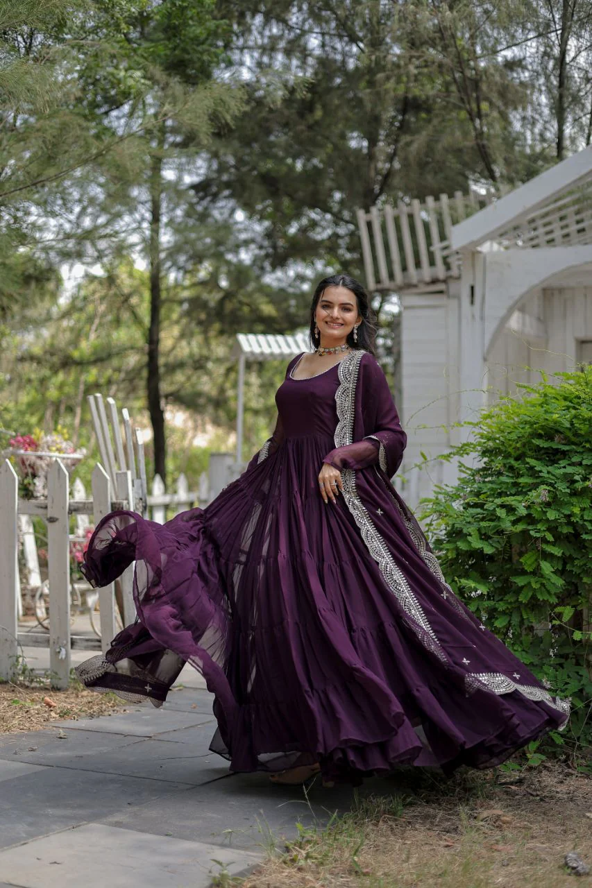 Party Wear Wine Color Plain Long Gown With Dupatta - Image 3