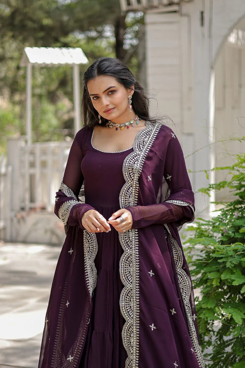Party Wear Wine Color Plain Long Gown With Dupatta - Image 4