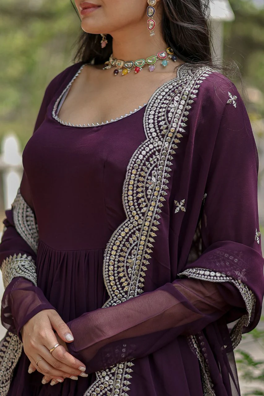 Party Wear Wine Color Plain Long Gown With Dupatta - Image 5