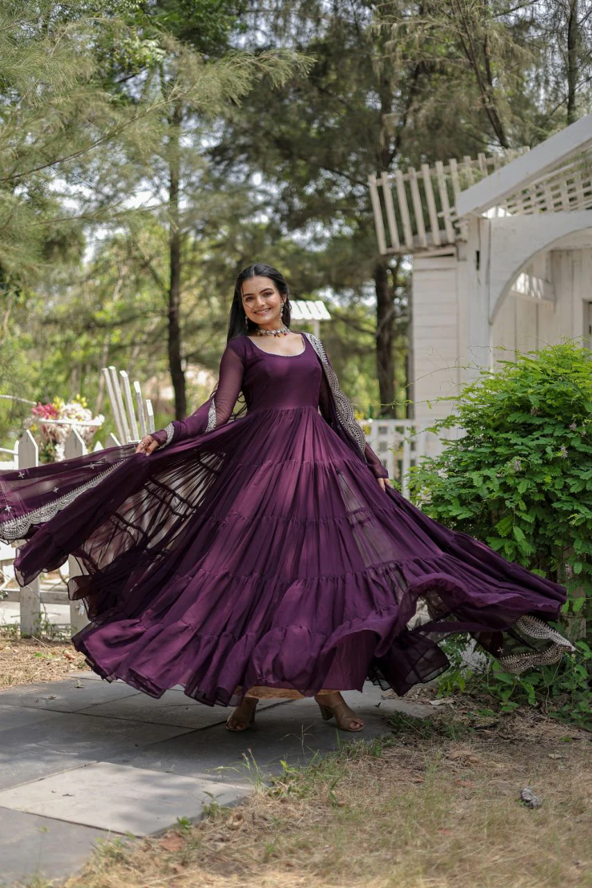 Party Wear Wine Color Plain Long Gown With Dupatta - Image 6