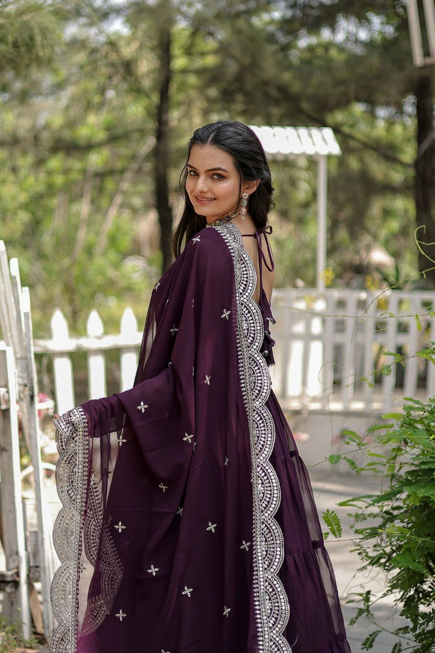 Party Wear Wine Color Plain Long Gown With Dupatta - Image 7