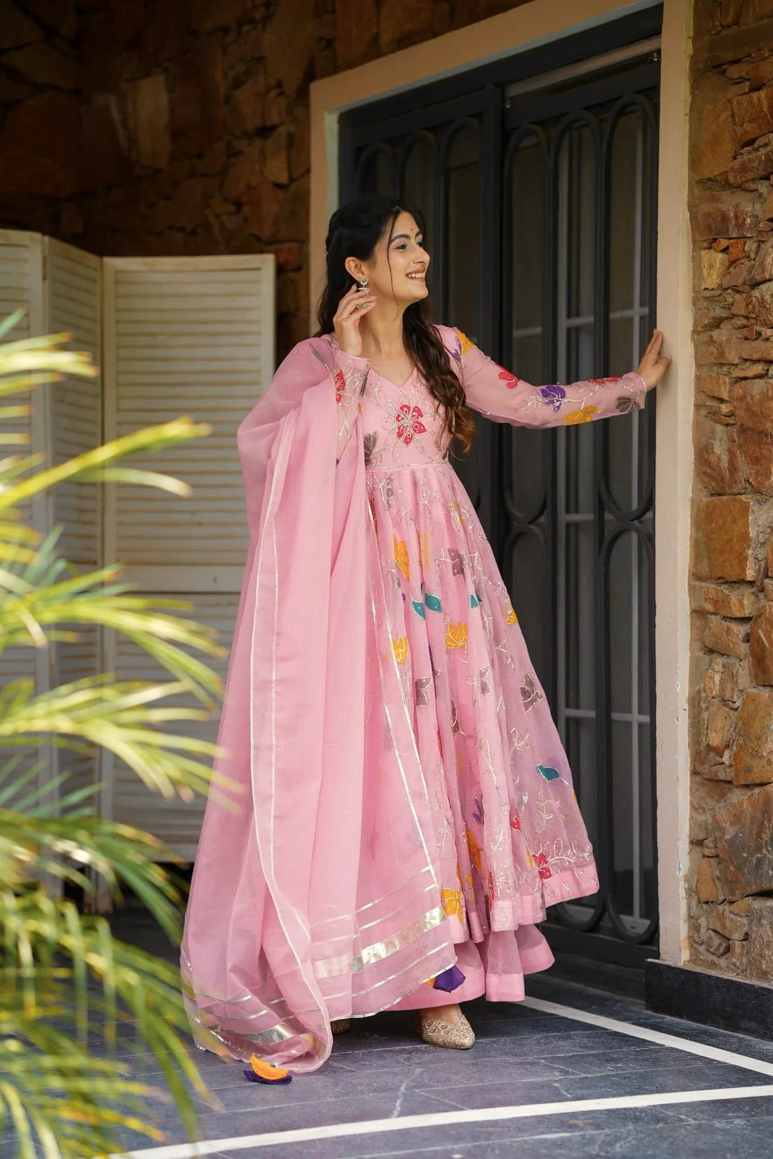 Pastel Pink Embroidered Anarkali with Sharara & Dupatta Set - Image 4