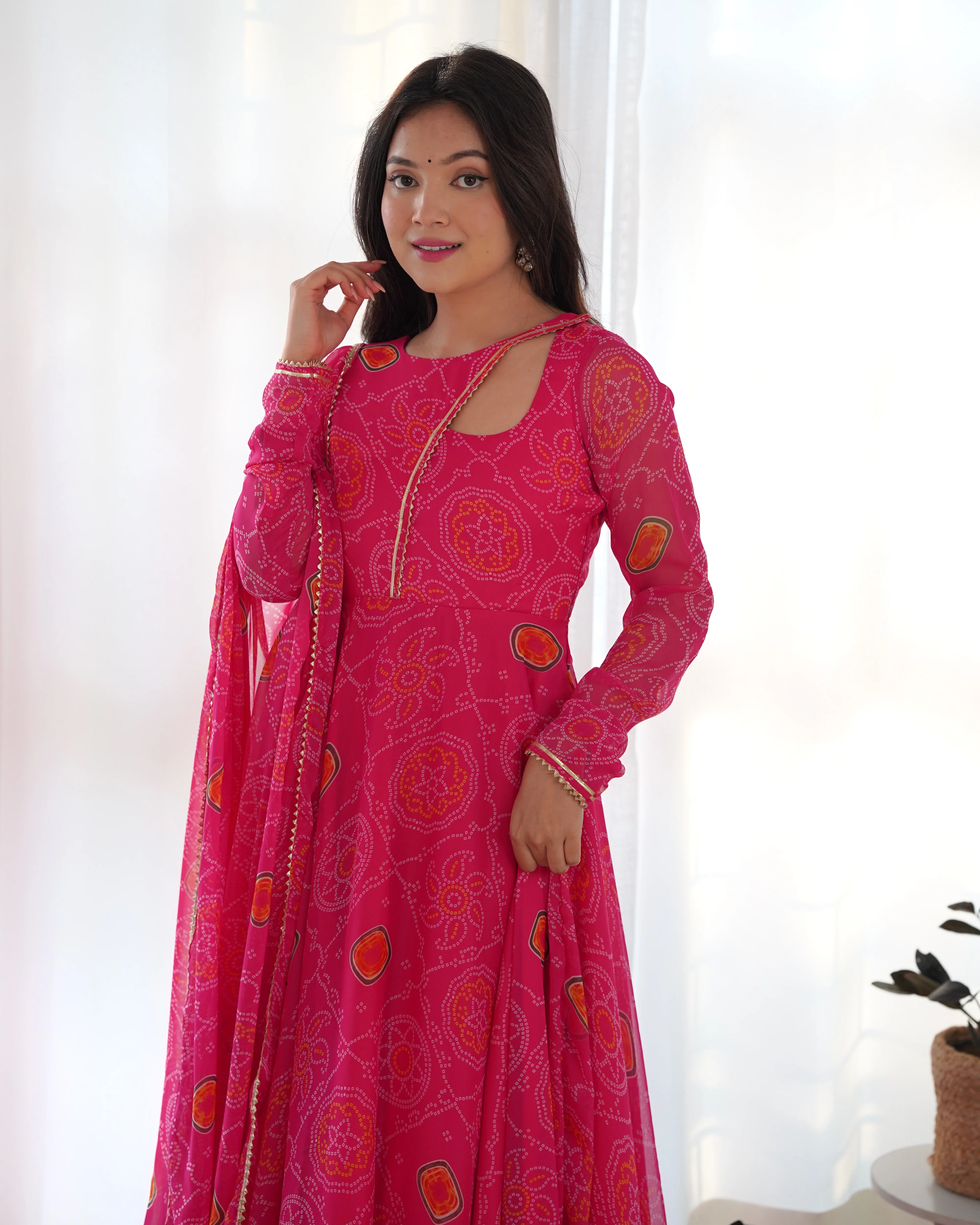 Pink Color Bandhej Print Soft Chiffon Stylish Neck Three Piece Anarkali Gown - Image 5