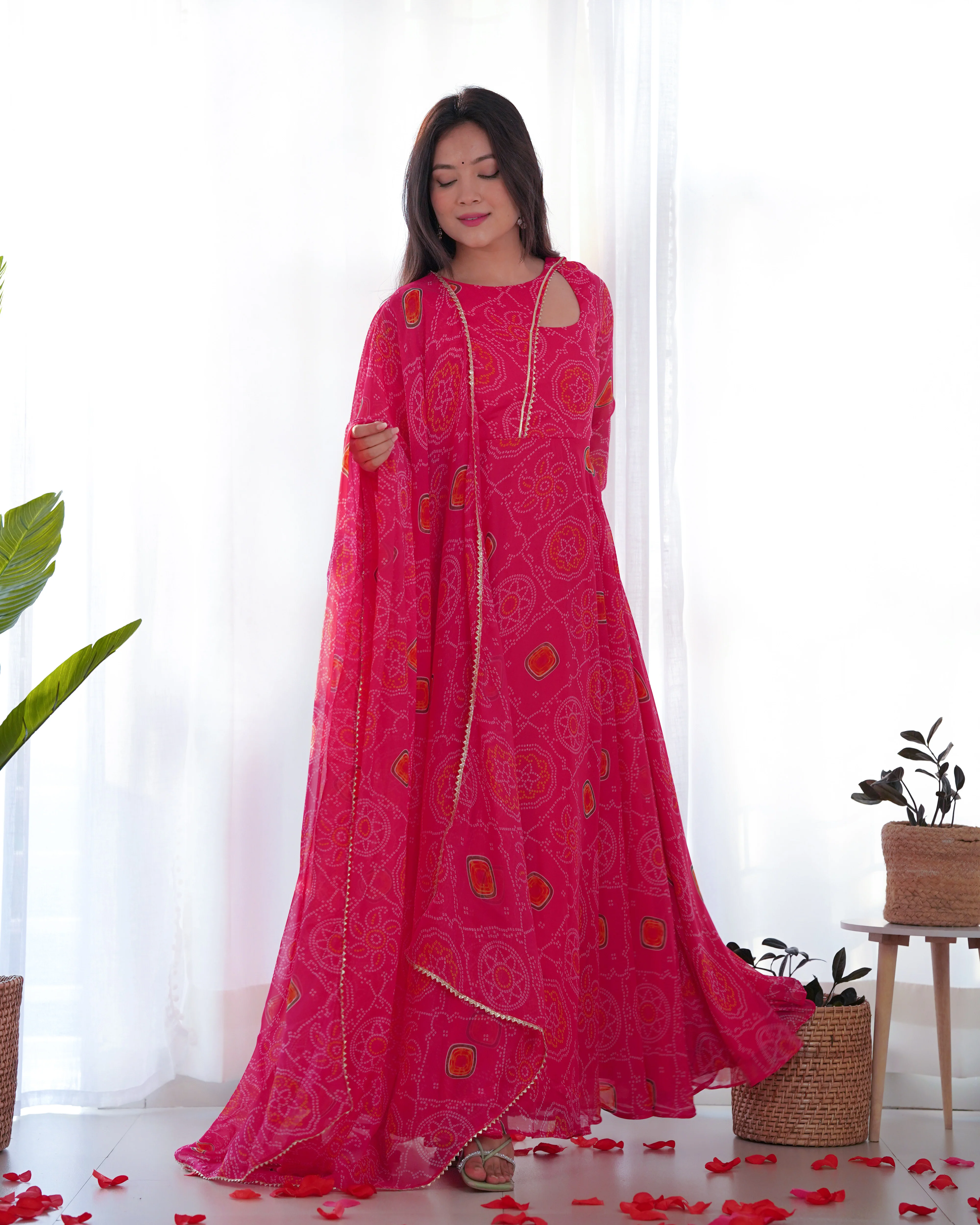 Pink Color Bandhej Print Soft Chiffon Stylish Neck Three Piece Anarkali Gown - Image 8