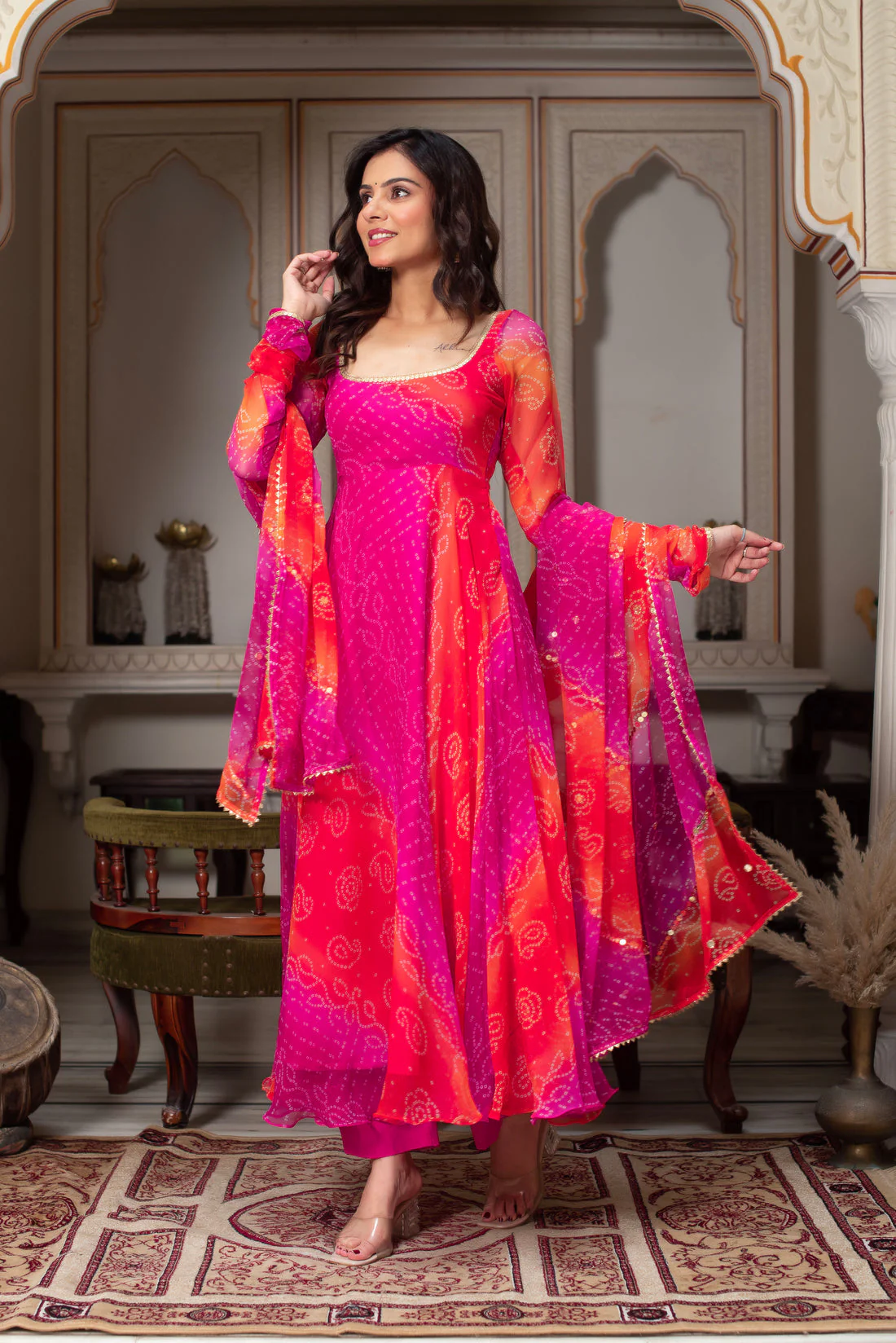 Pink Pure Soft Gorgette Bandhni Anarkali Suit Set - Image 2