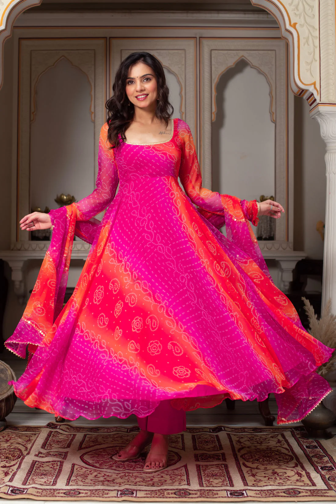 Pink Pure Soft Gorgette Bandhni Anarkali Suit Set - Image 3