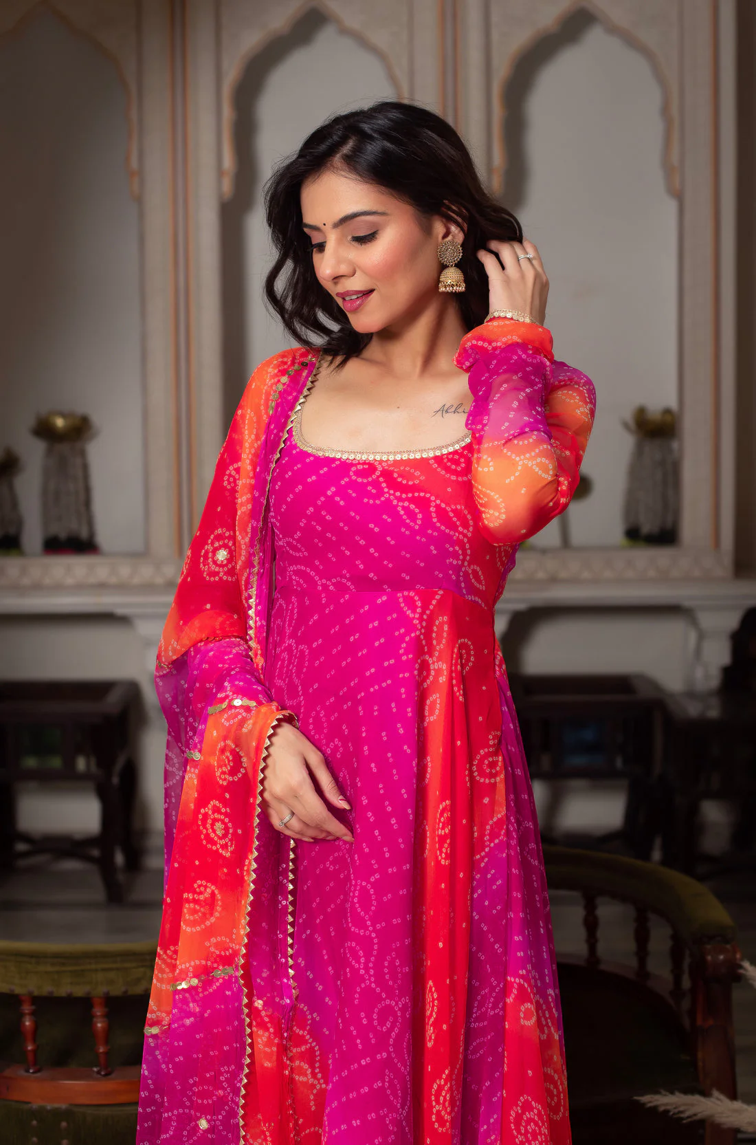 Pink Pure Soft Gorgette Bandhni Anarkali Suit Set - Image 4