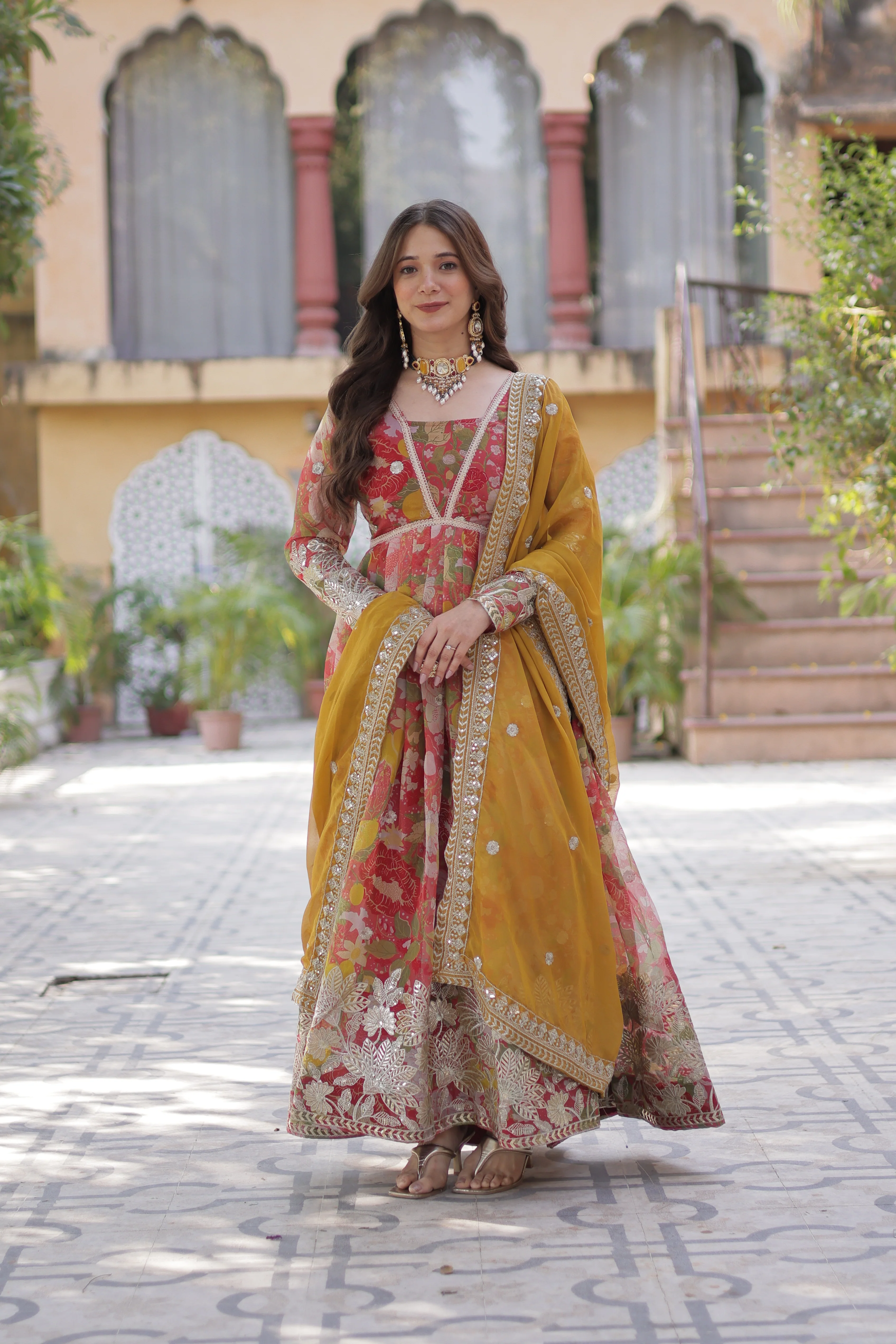 Pinkish Red Color Alia Cut Embroidered Gown With Dupatta - Image 2