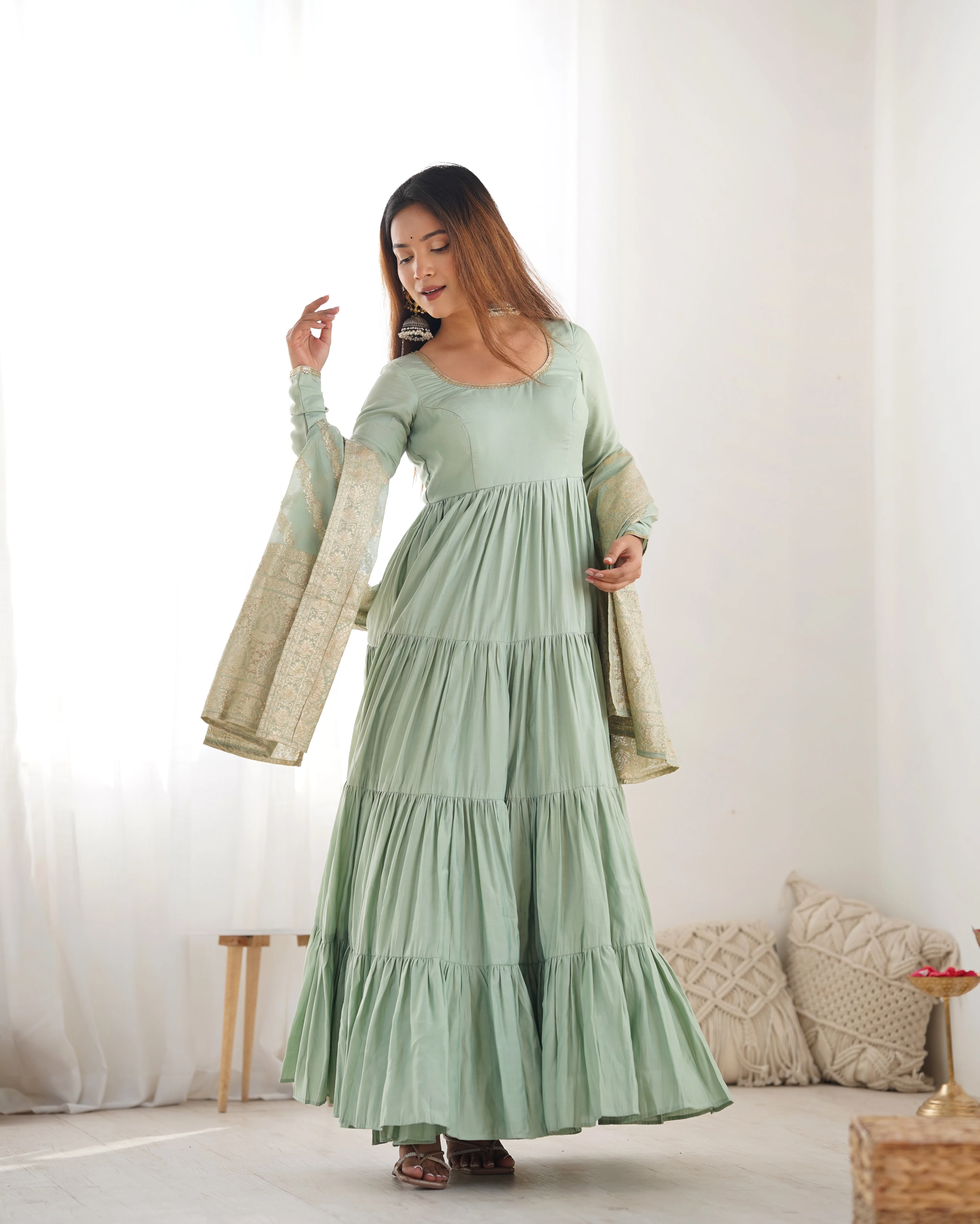 Pista Color Pure Roman Silk Ruffle Style Anarkali Suit - Image 2