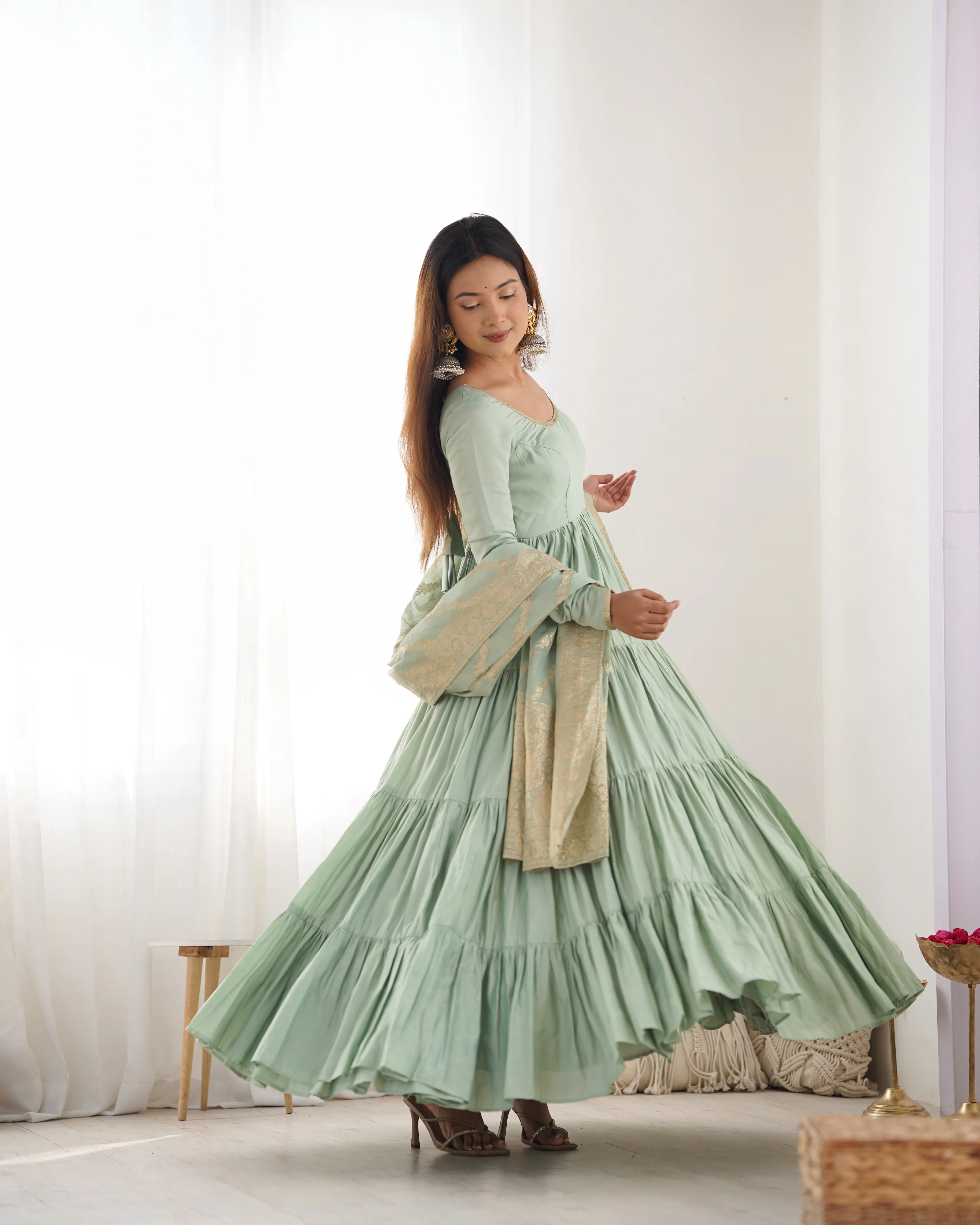 Pista Color Pure Roman Silk Ruffle Style Anarkali Suit - Image 3