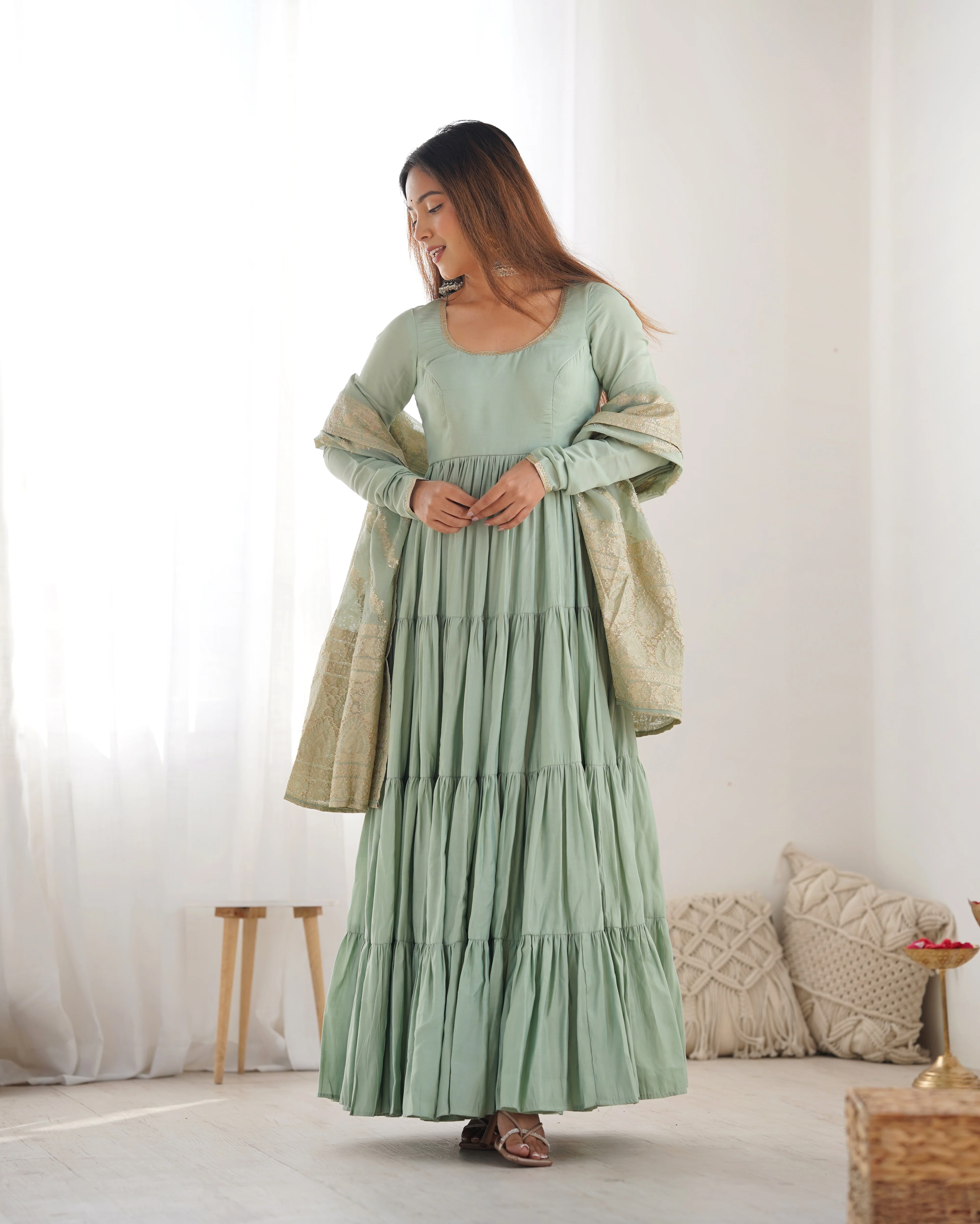 Pista Color Pure Roman Silk Ruffle Style Anarkali Suit - Image 5