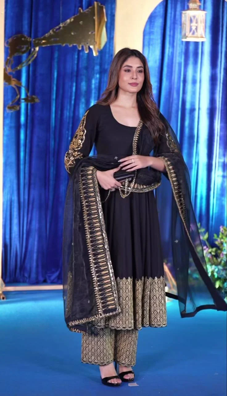 Prakriti Black Premium Festive Suit with Rich Golden Motifs and Organza Dupatta - Image 2