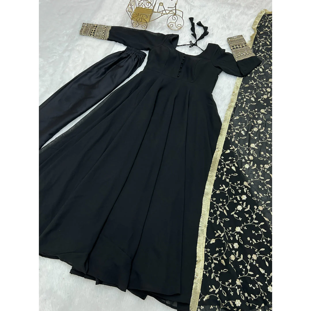 Presenting Black Georgette Gown Dupatta Full Set With Pent Ready To Wear - Image 10