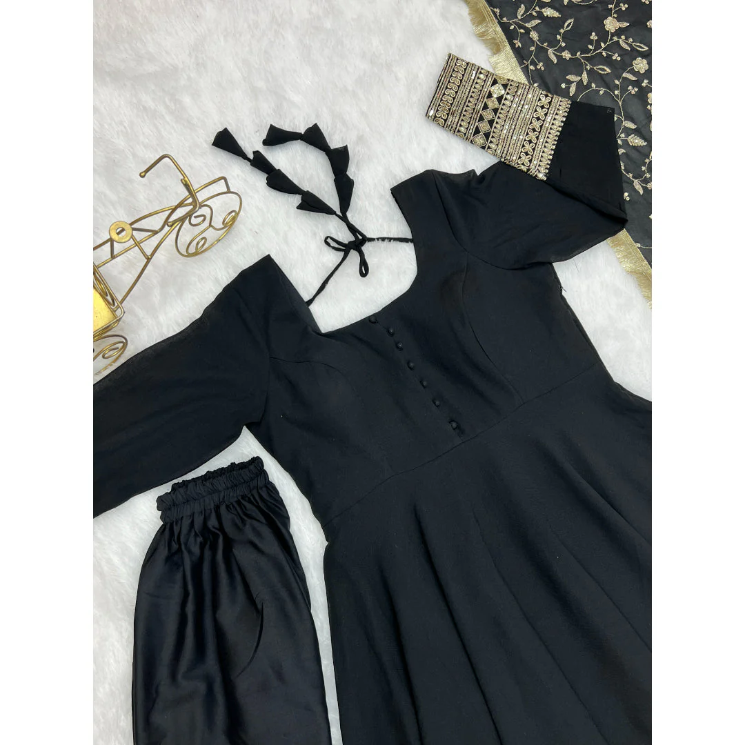 Presenting Black Georgette Gown Dupatta Full Set With Pent Ready To Wear - Image 11
