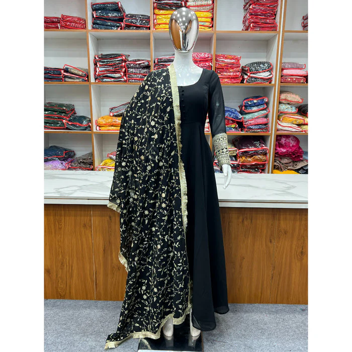 Presenting Black Georgette Gown Dupatta Full Set With Pent Ready To Wear - Image 9
