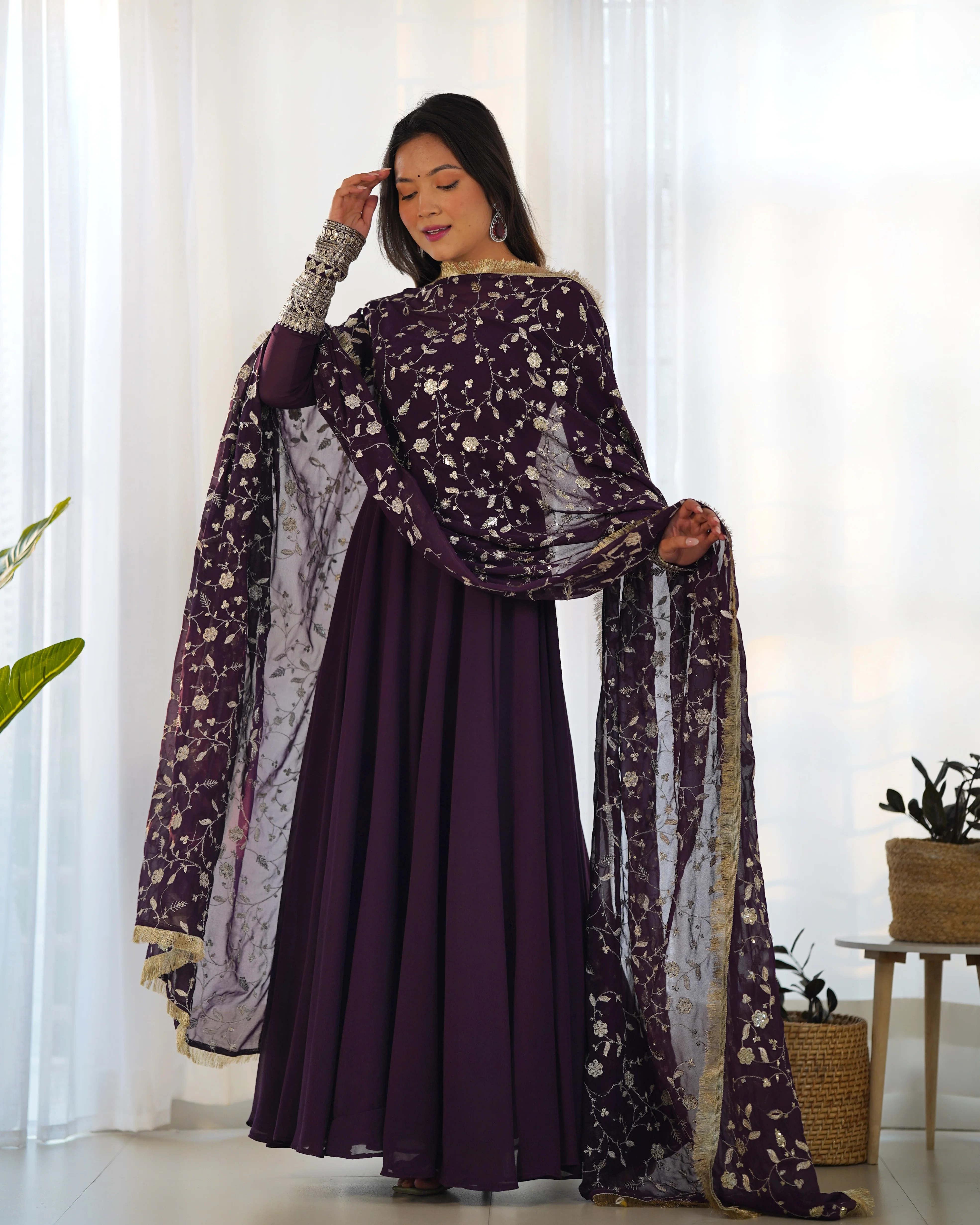 Presenting New Wine Georgette Gown Dupatta Full Set With Pent Ready To Wear - Image 3