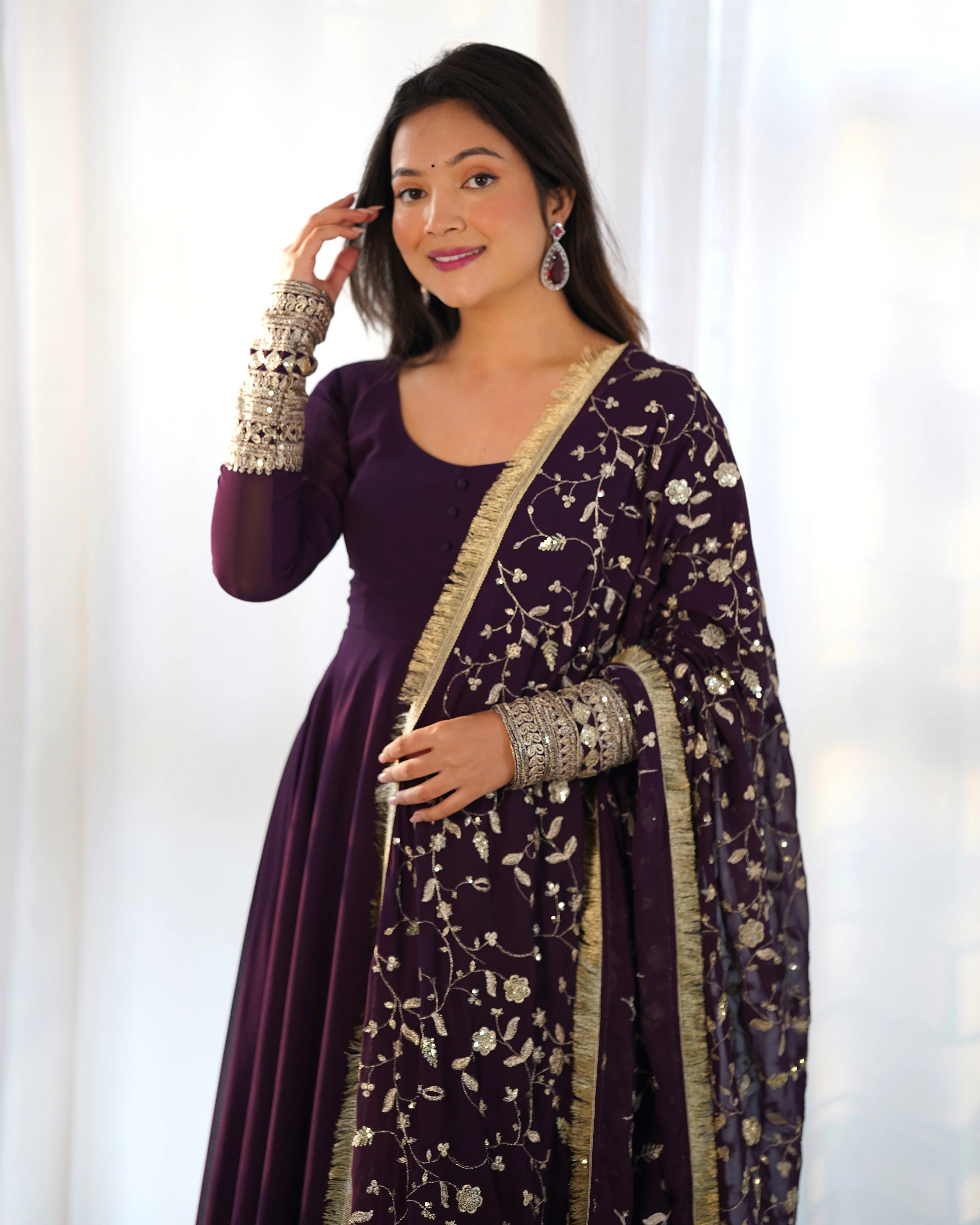 Presenting New Wine Georgette Gown Dupatta Full Set With Pent Ready To Wear - Image 4