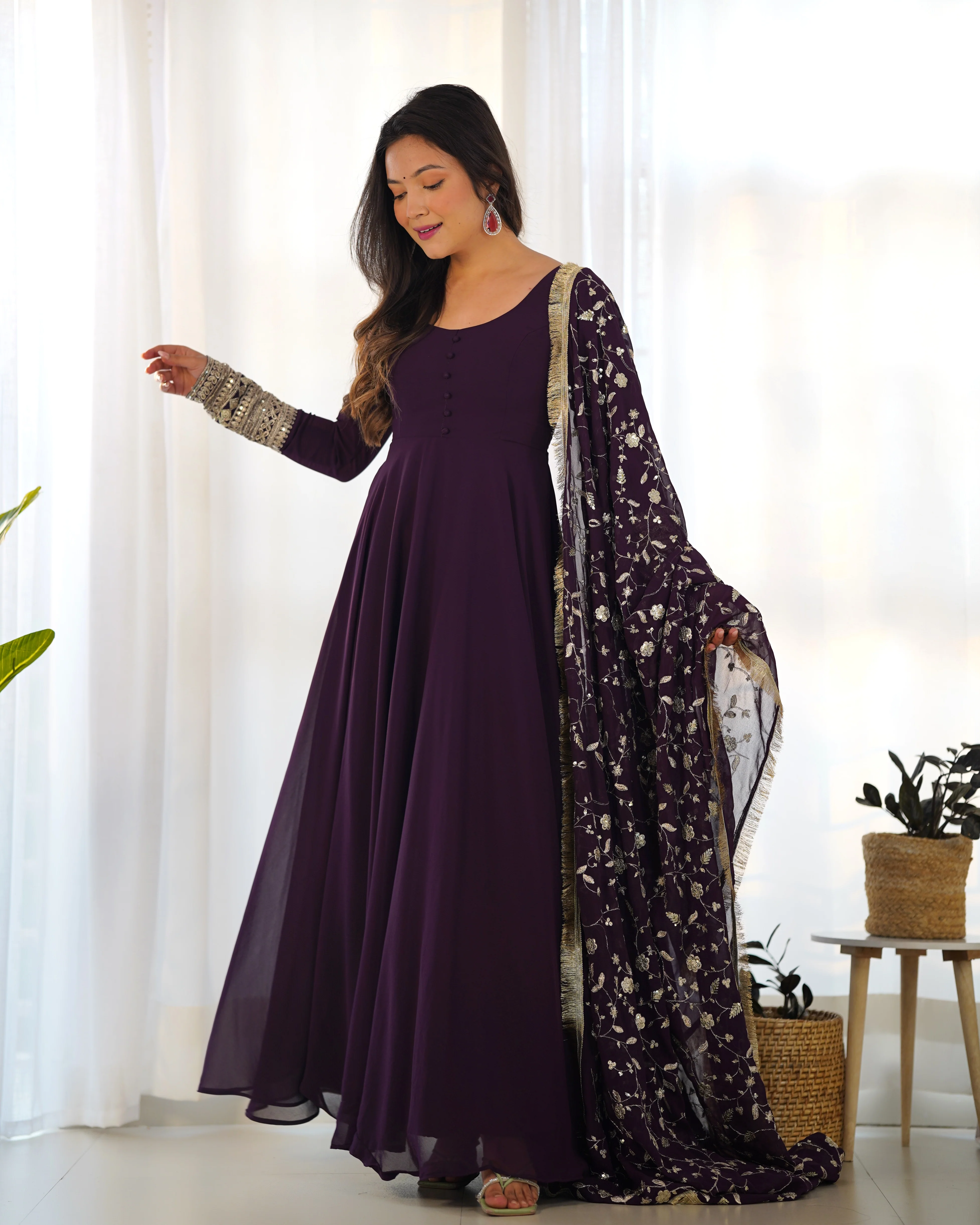 Presenting New Wine Georgette Gown Dupatta Full Set With Pent Ready To Wear - Image 5