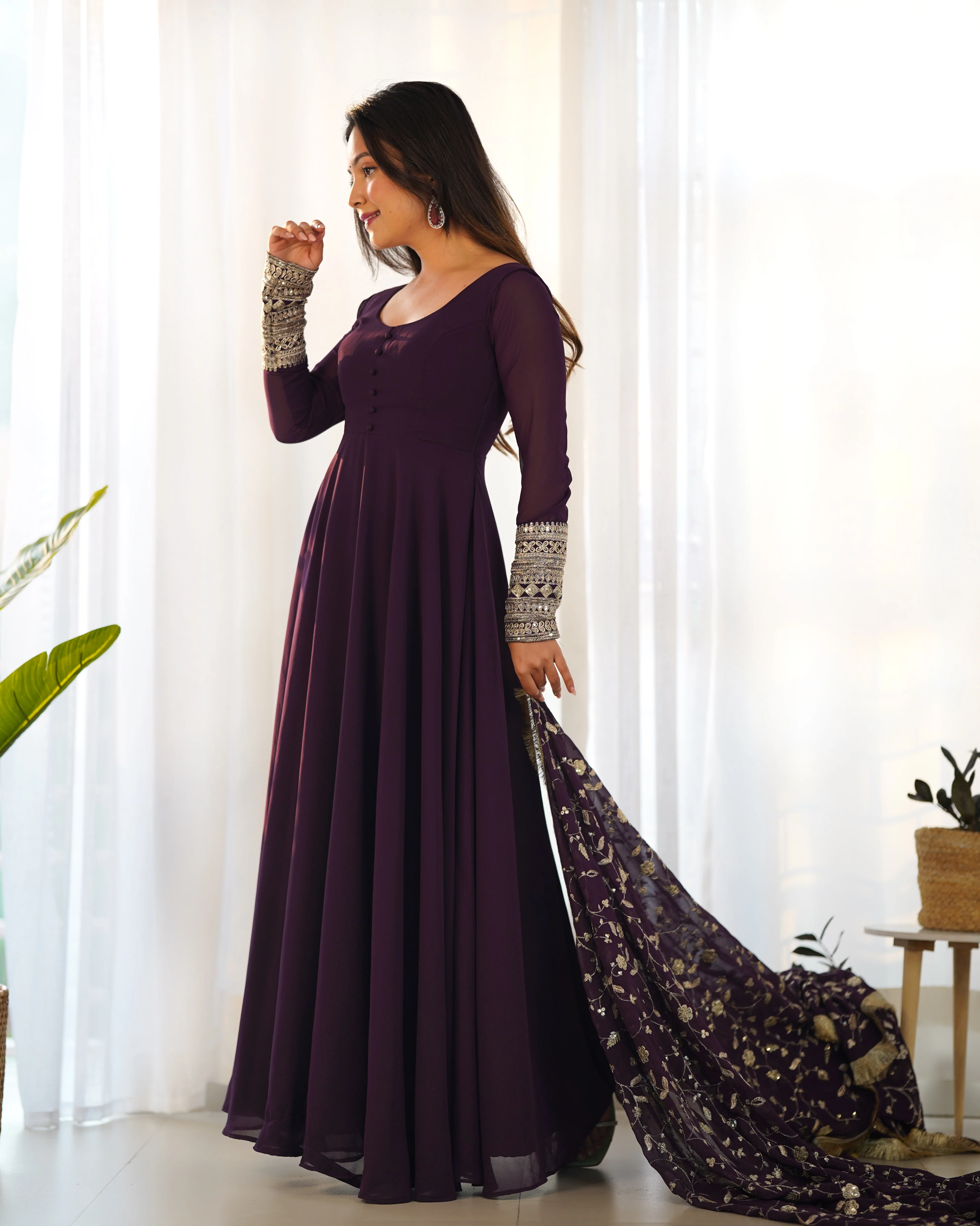 Presenting New Wine Georgette Gown Dupatta Full Set With Pent Ready To Wear - Image 6