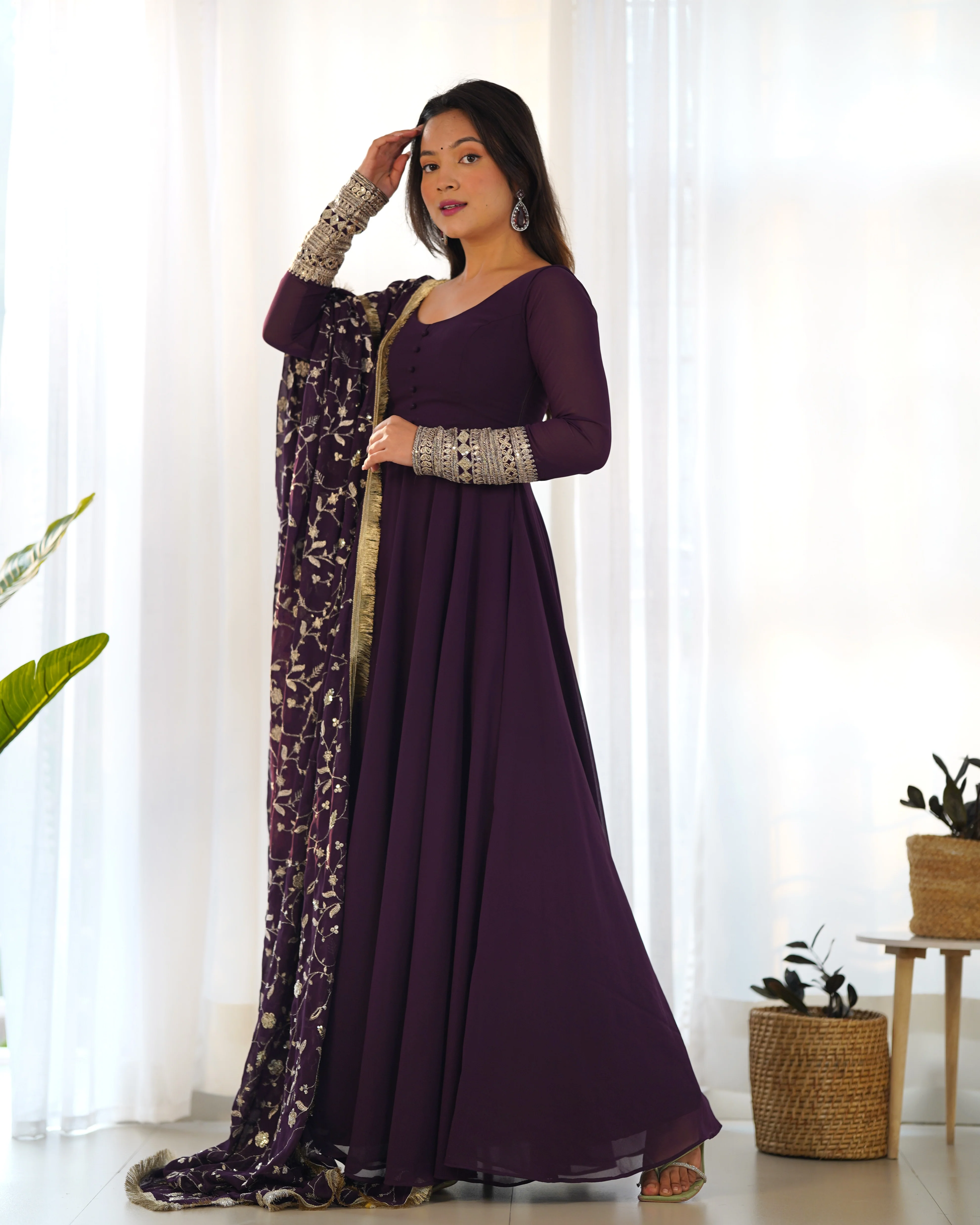 Presenting New Wine Georgette Gown Dupatta Full Set With Pent Ready To Wear - Image 7