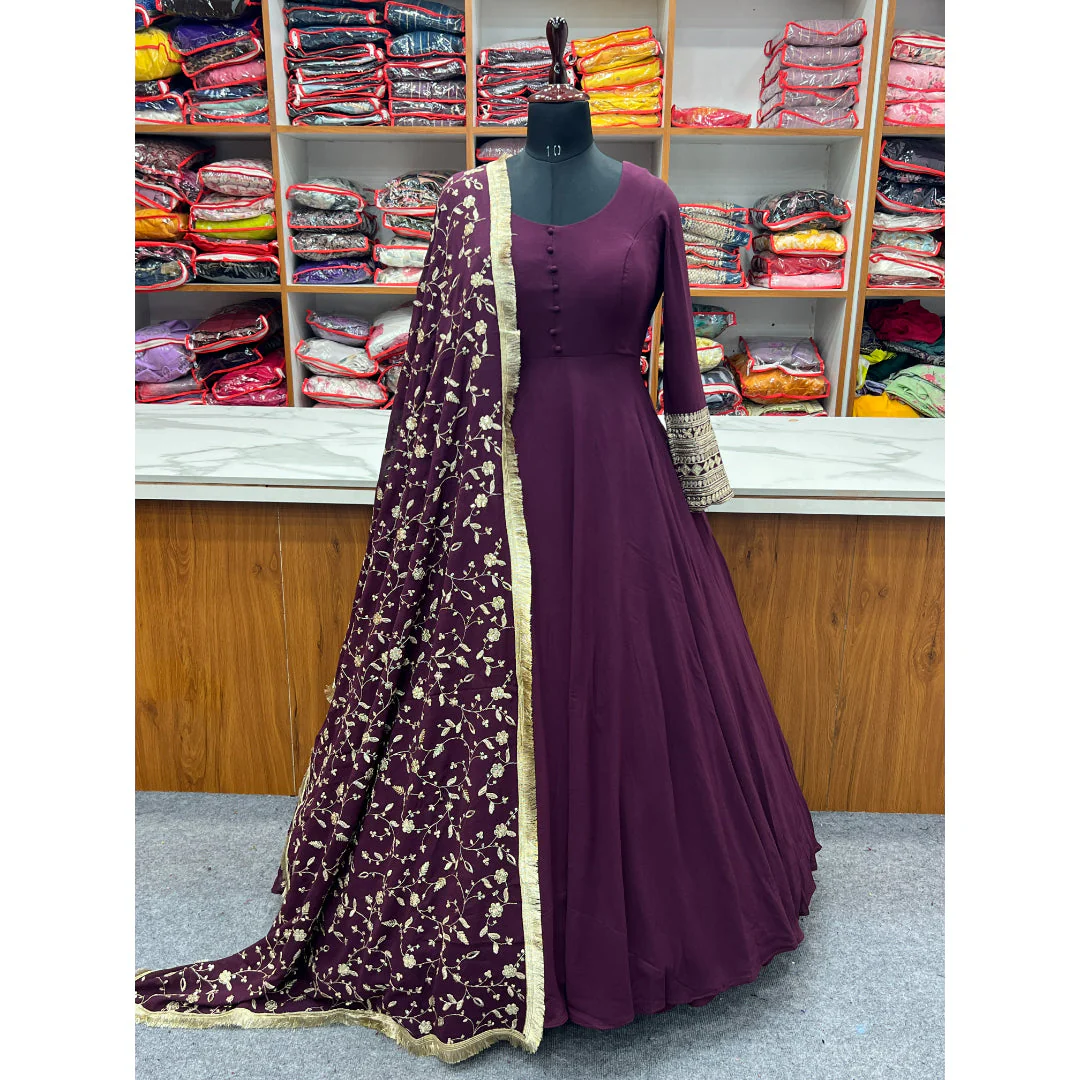 Presenting New Wine Georgette Gown Dupatta Full Set With Pent Ready To Wear - Image 8