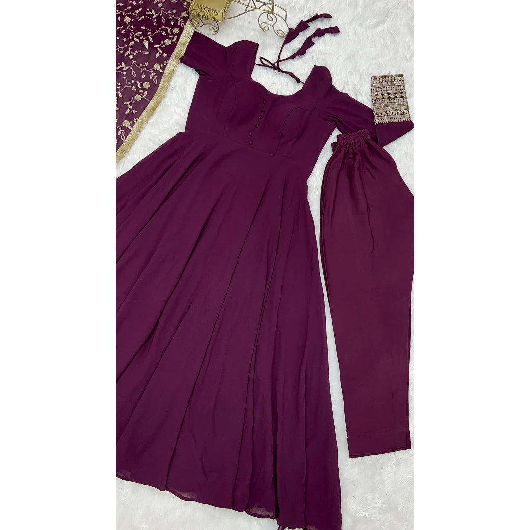 Presenting New Wine Georgette Gown Dupatta Full Set With Pent Ready To Wear - Image 9