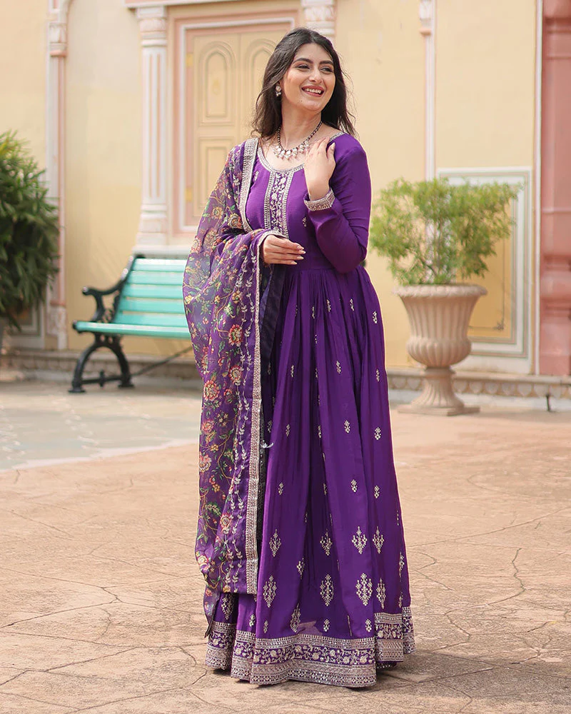 Purple Color Chinnon Sequence Embroidered Gown - Image 4