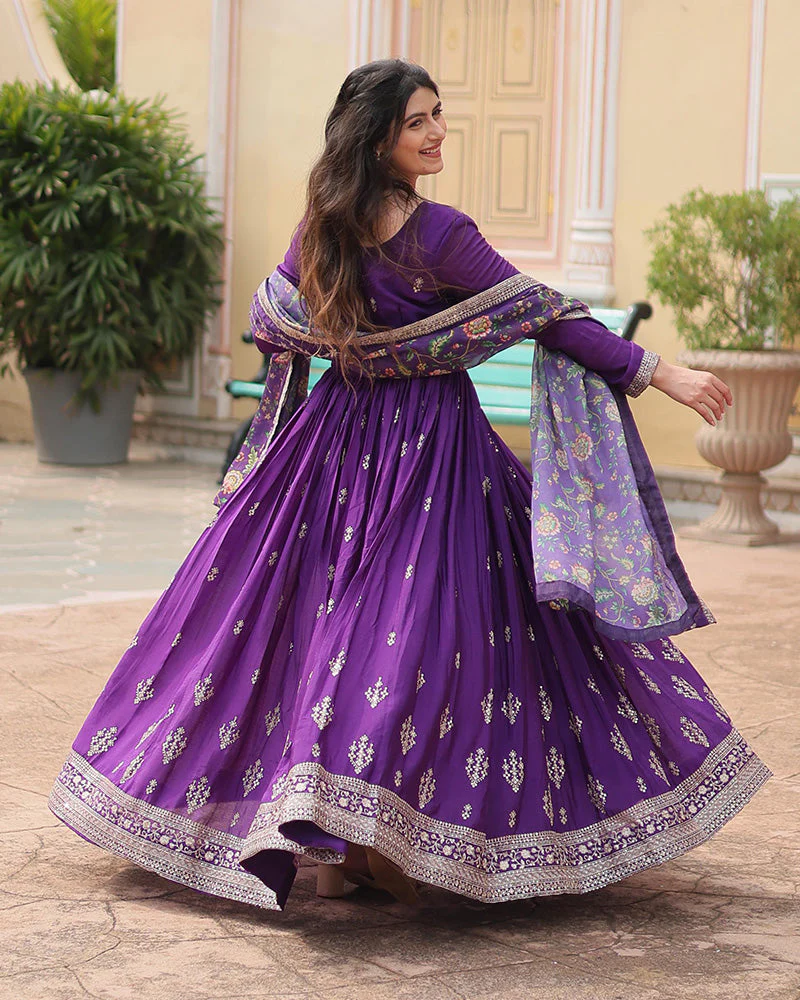Purple Color Chinnon Sequence Embroidered Gown - Image 5
