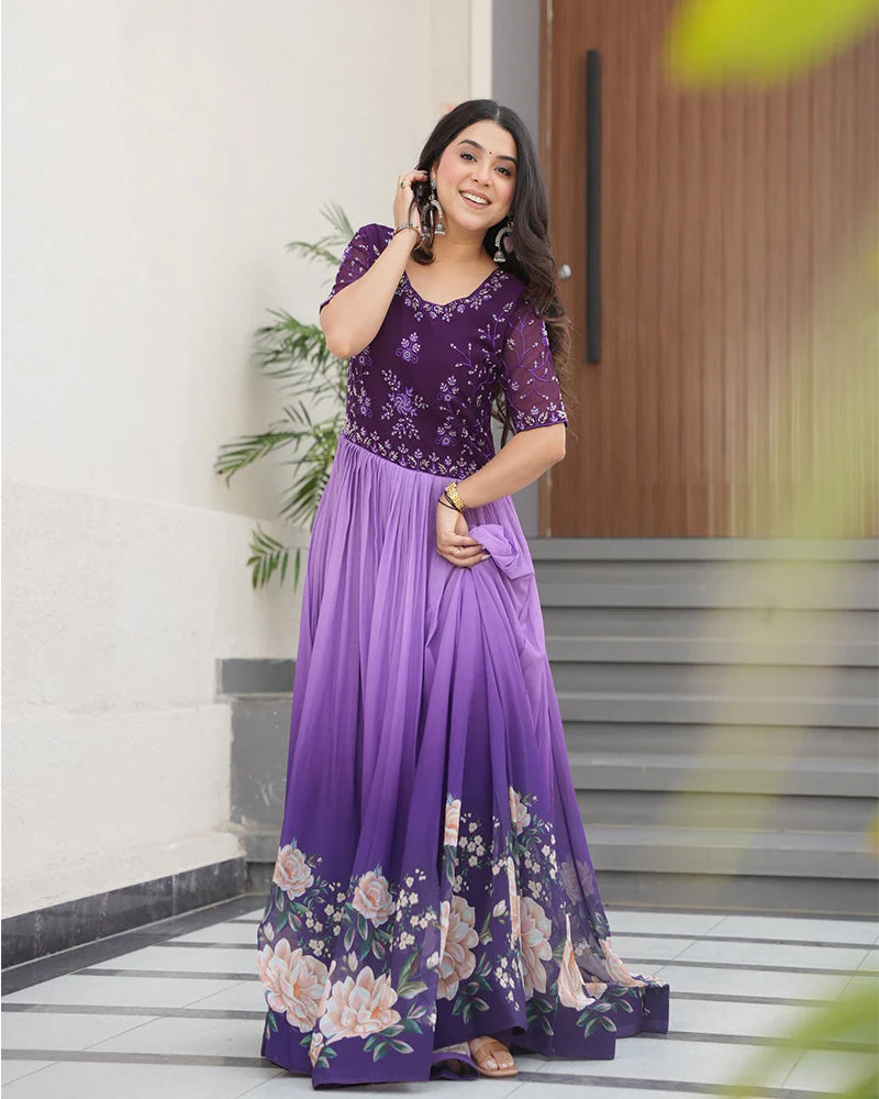 Purple color faux blooming embroidered work gown - Image 6