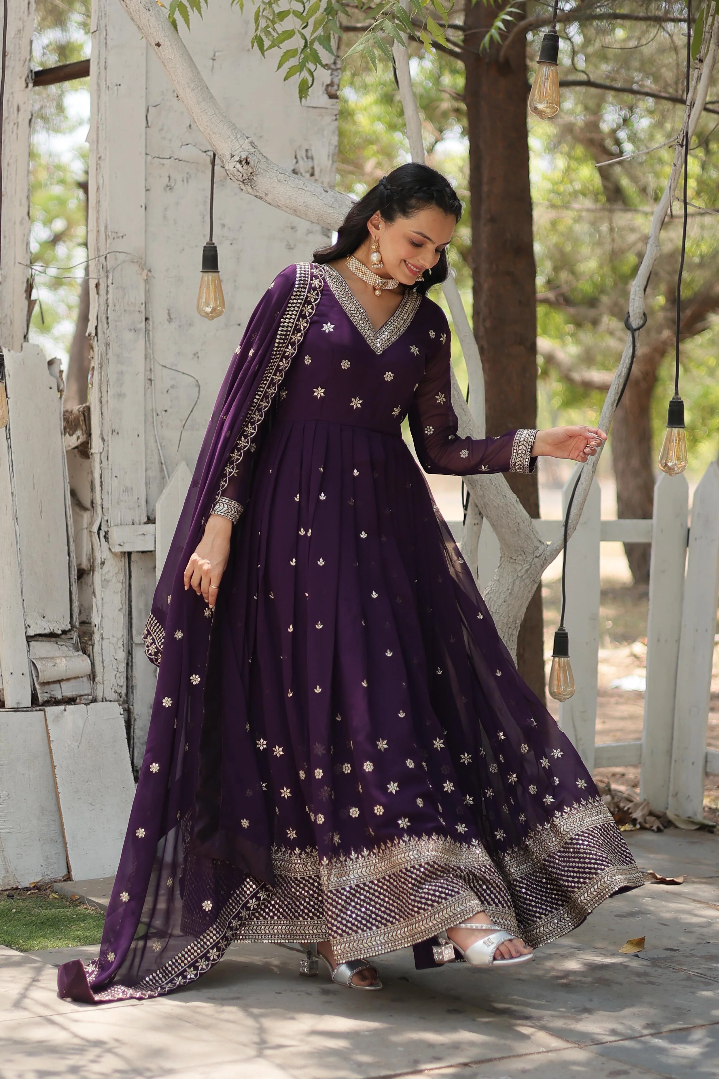 Purple Color Faux Blooming Rich Sequence Embroidered Gown - Image 3